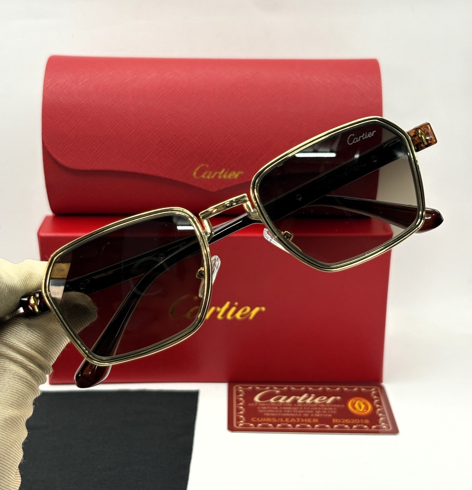 Luxurious Cartier Brown Body Black Transparent Sunglasses With Pouch And Box