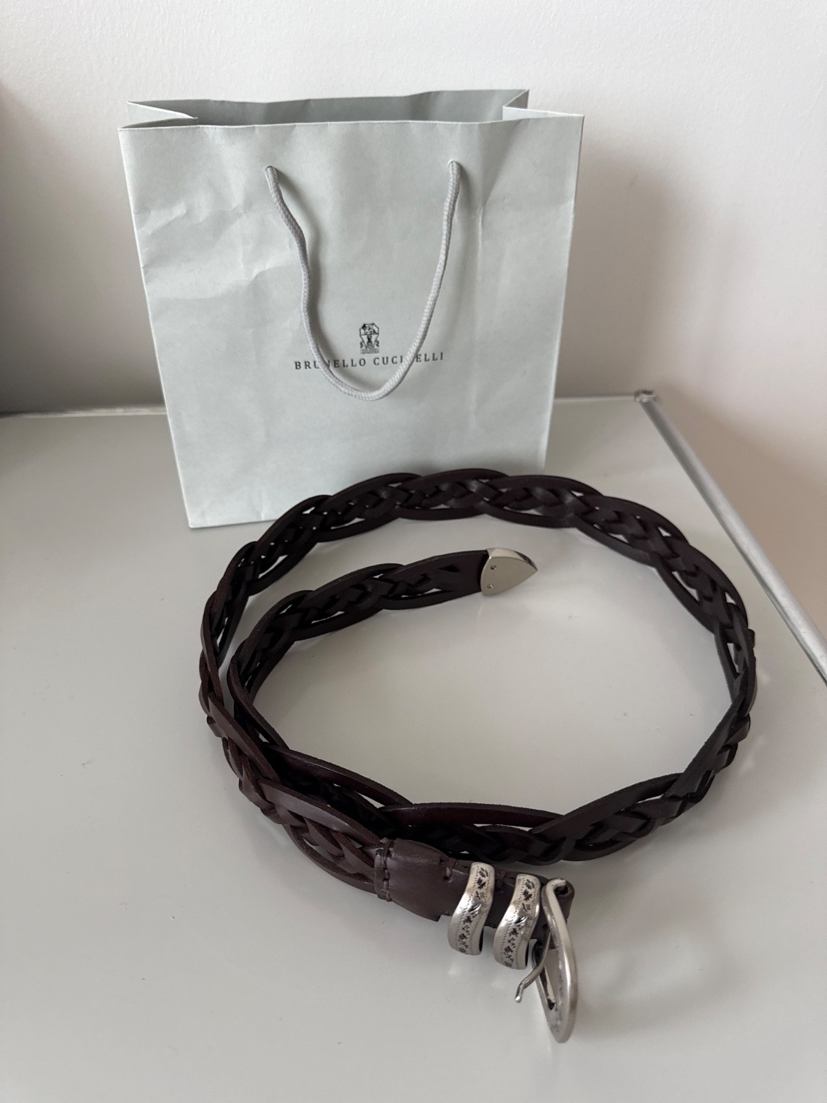Brunello Cucinelli woven belt, Burgundy/Silver