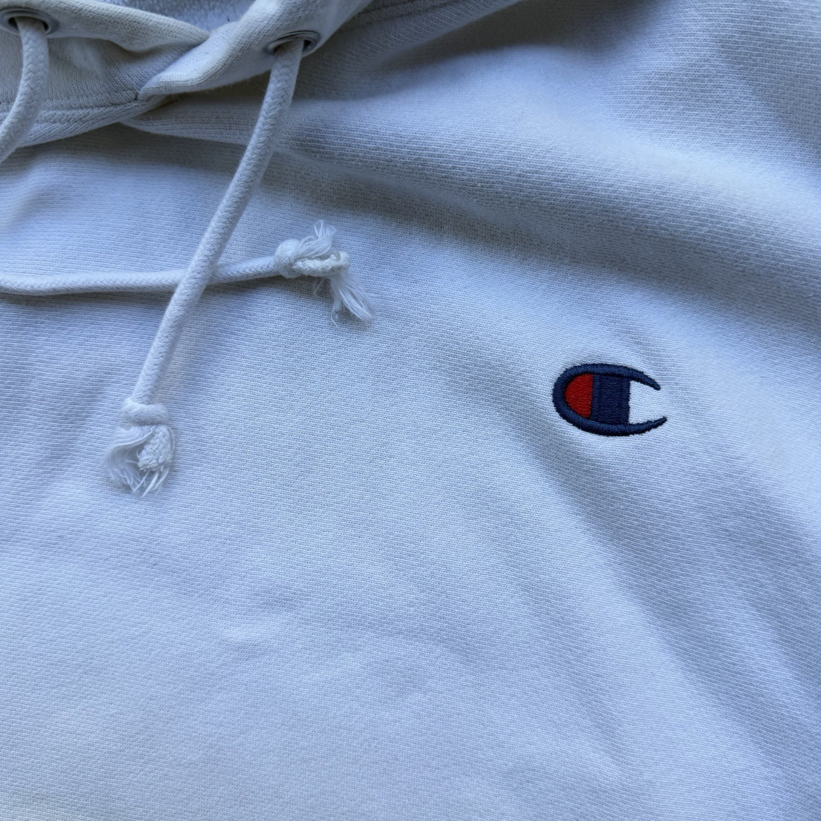 Champion Reverse Weave Men’s White Fleece Pullover Hoodie XL Embroidered Logo