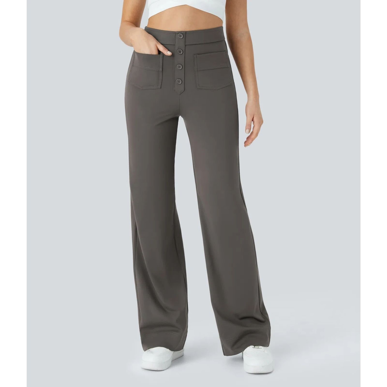 High Waisted Pockets Straight Leg Casual Pants ***XL Petite** Deep Red Grey