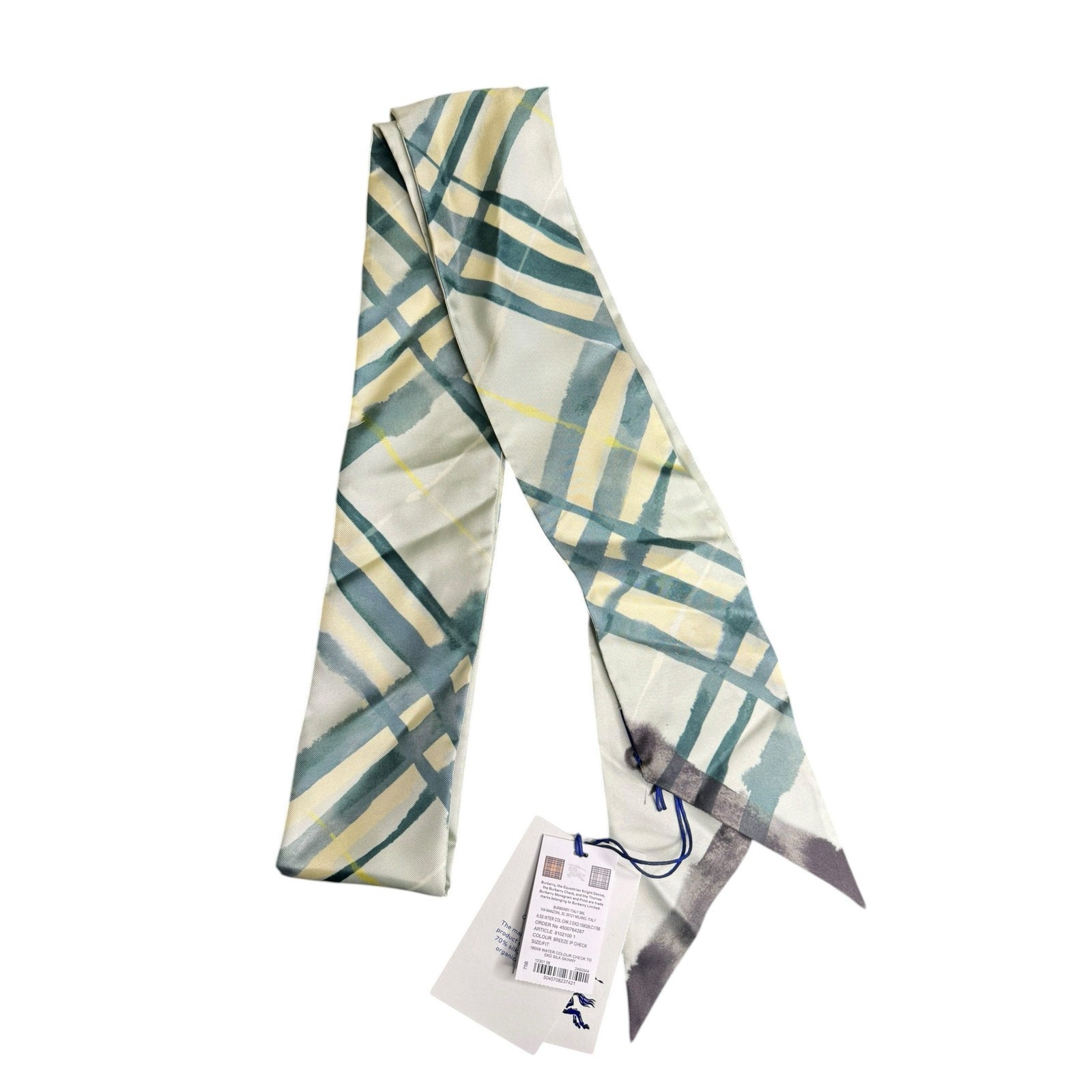 Burberry NWT Skinny Watercolor Check Silk Scarf in Light Green