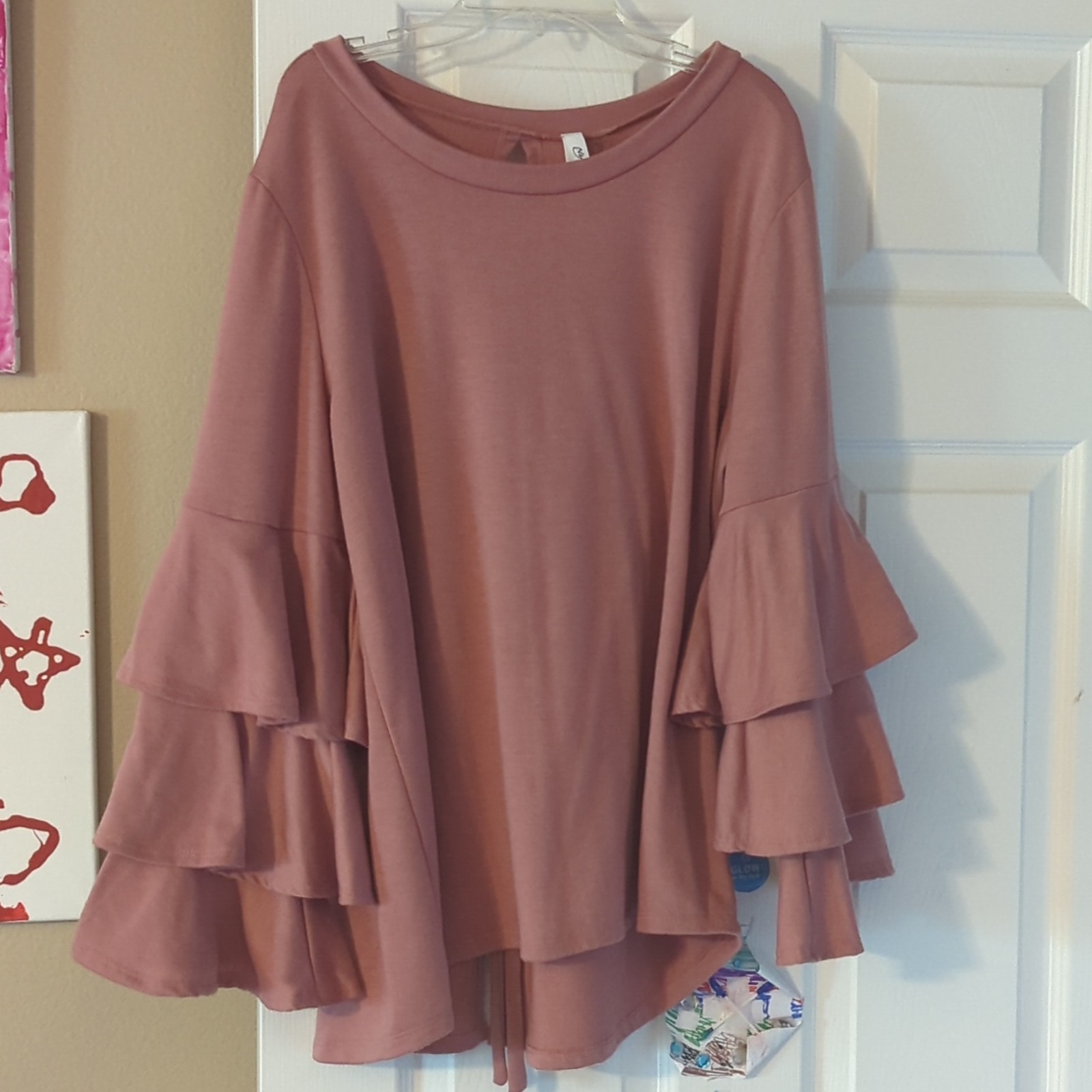 NW Collection Women Women’s 1X Pink Tunic Blouse Round Neck Knit Ruffle Tie