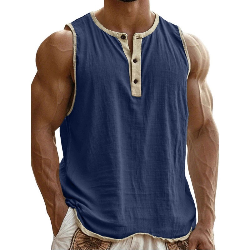 Men’s Sleeveless Henley Tank Top Casual Gym Workout Muscle Shirt Summer Vest