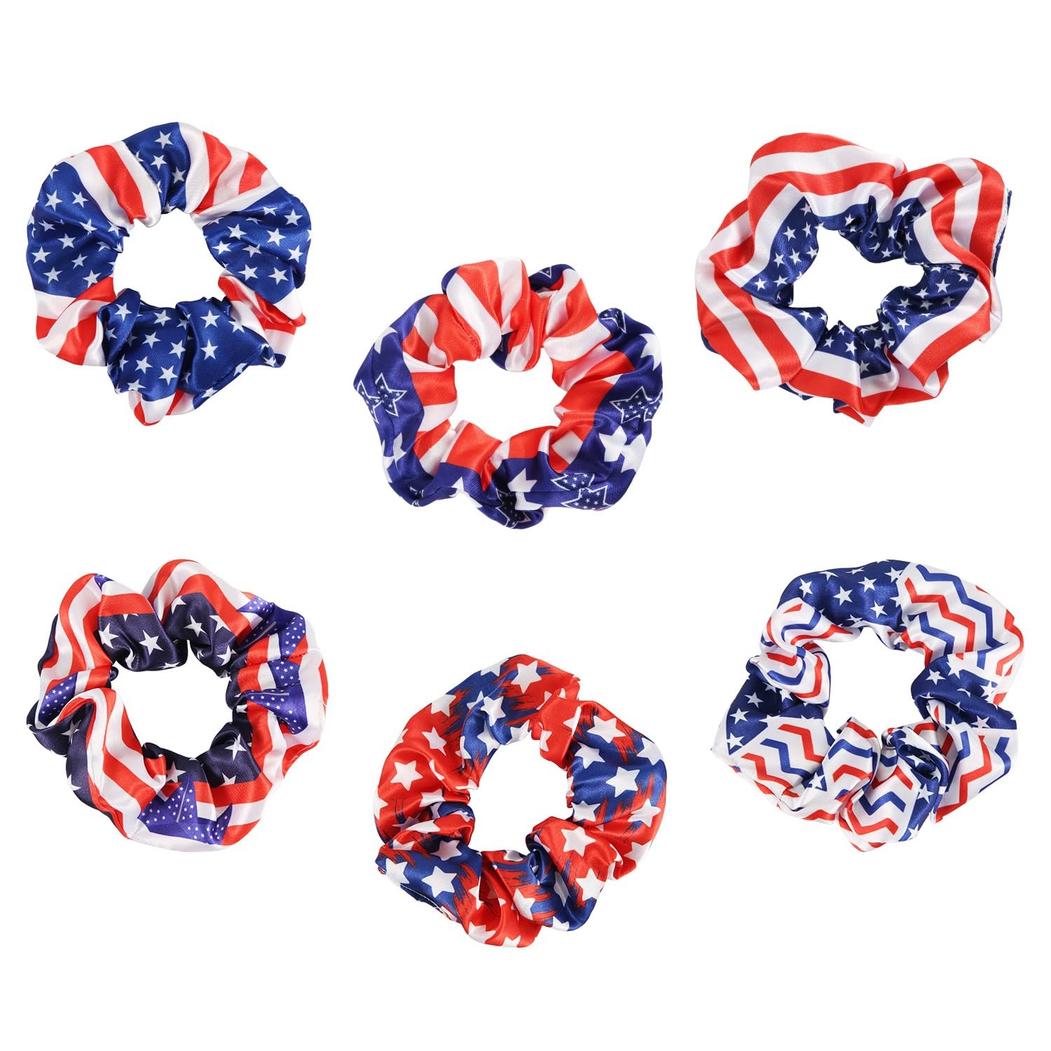 6pcs Red White and Blue Scrunchies, Patriotic 1 Count (Pack of 6), Multicolor