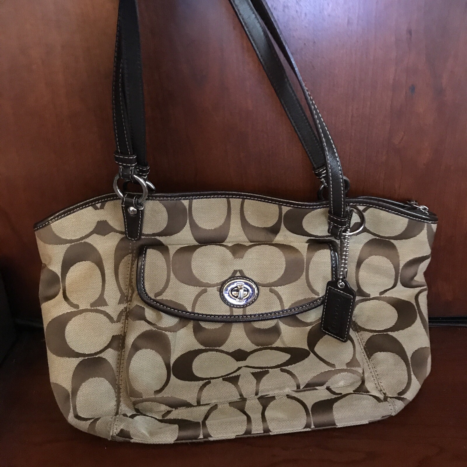 Coach Khaki/Brown Signature Turnlock Pocket Bag – #B1077-F14659