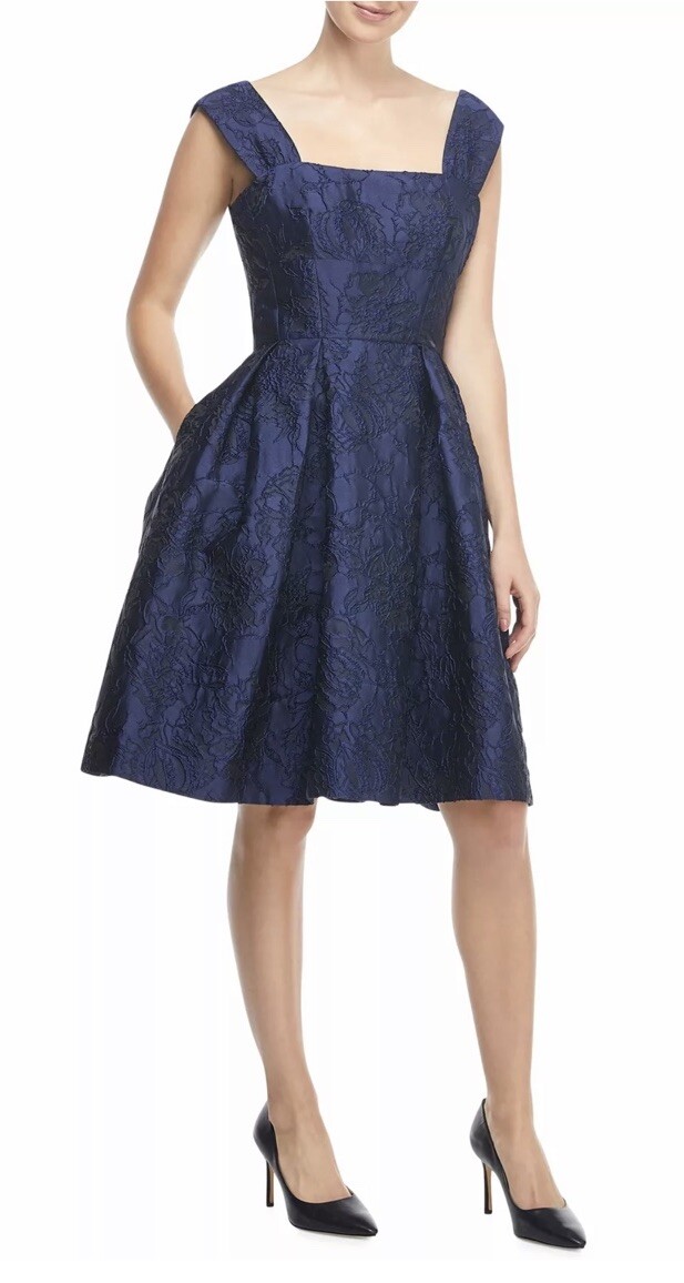Gal Meets Glam Annabelle Navy Blue Square Neck Satin Jacquard Dress size 8