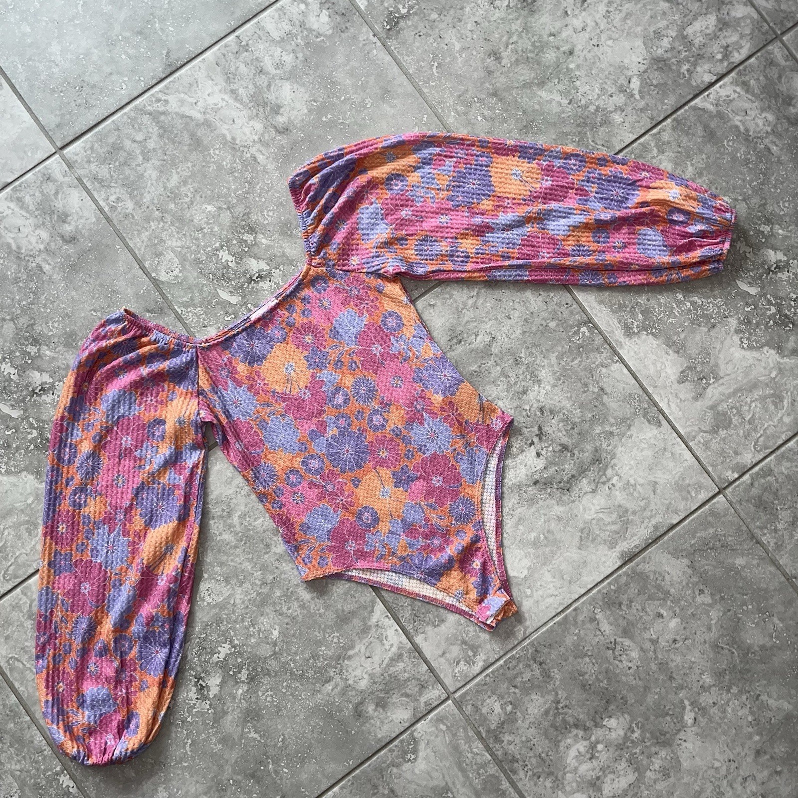 Pink Lily Balloon Sleeve Thong Bodysuit Top Pink Floral Hippie 90s Boho New S