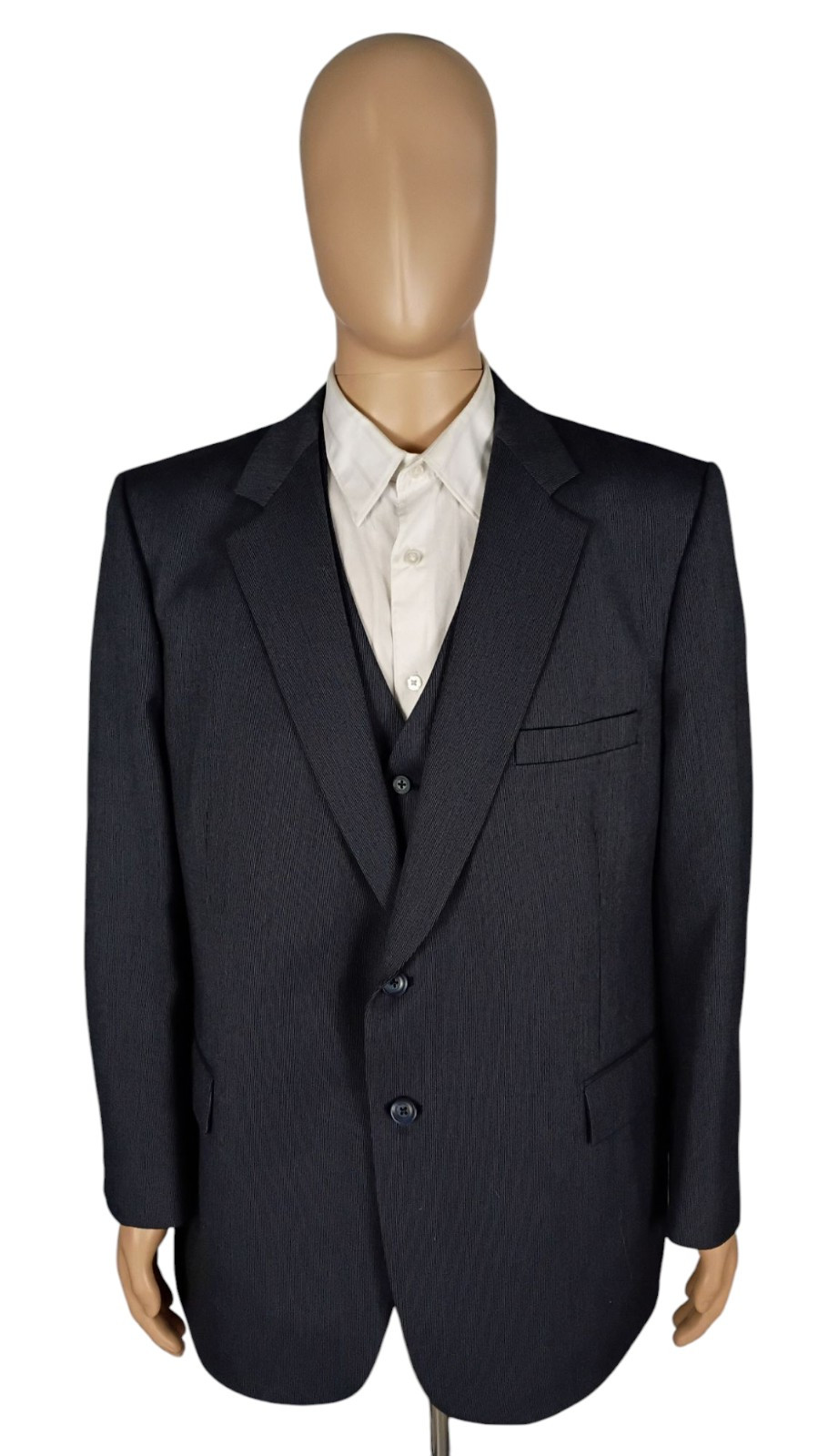 Vintage 90s Royal Guild Bespoke 3 Piece Gray Stripe Wool Suit 48S Portly 44X29