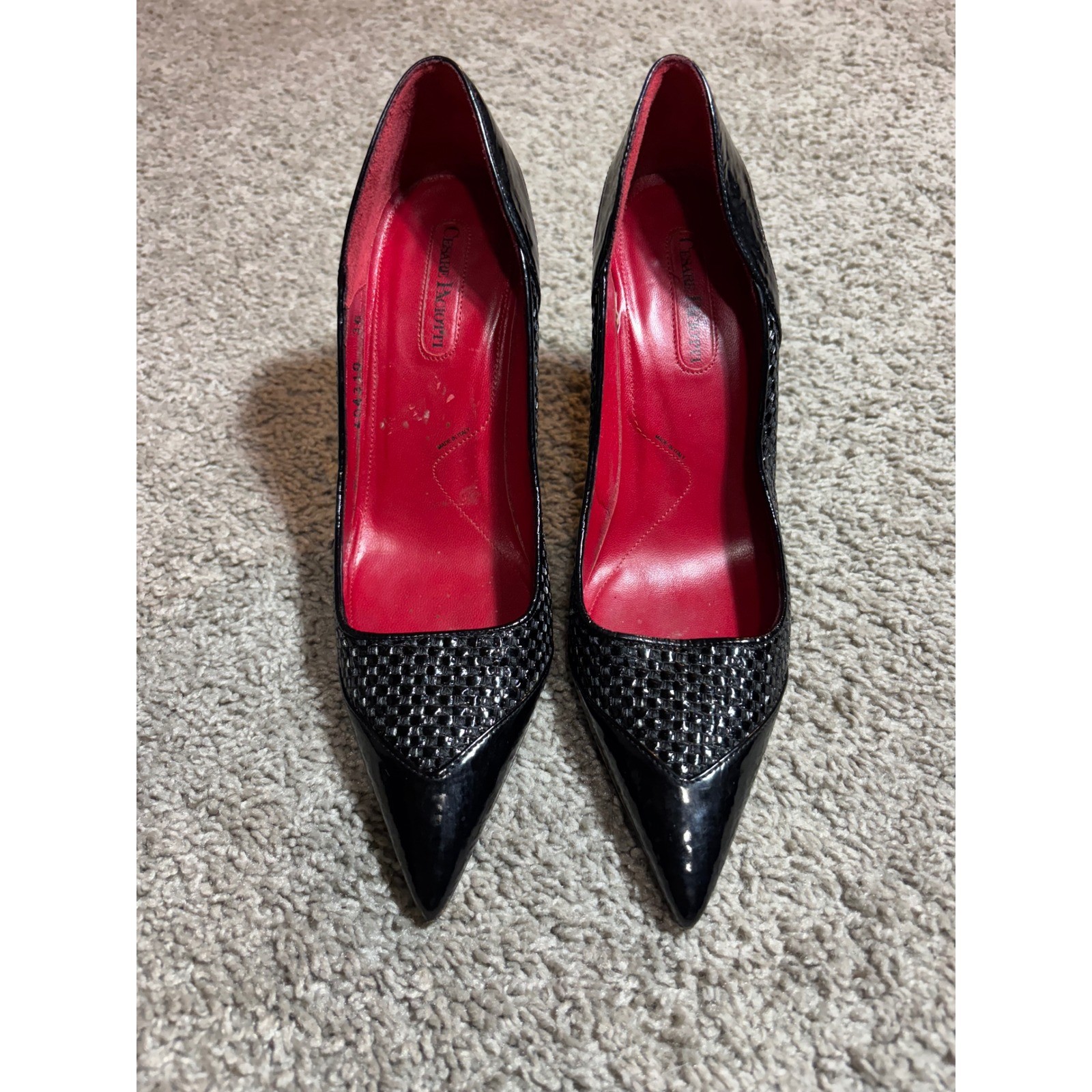 Cesare Paciotti Black Woven Patent Leather Pointed Toe Pumps Red Bottoms 36