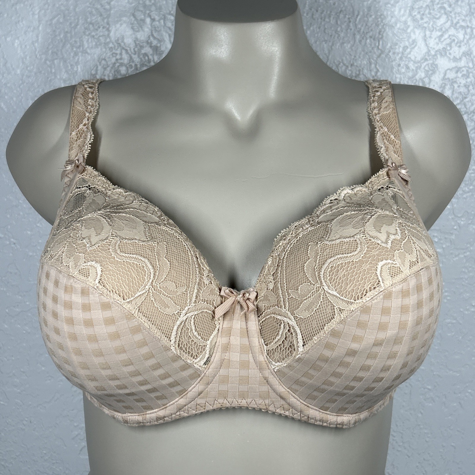 Prima Donna Madison Side Support Wire Bra UK 32F Unpadded Cafe Latte Lace Bows