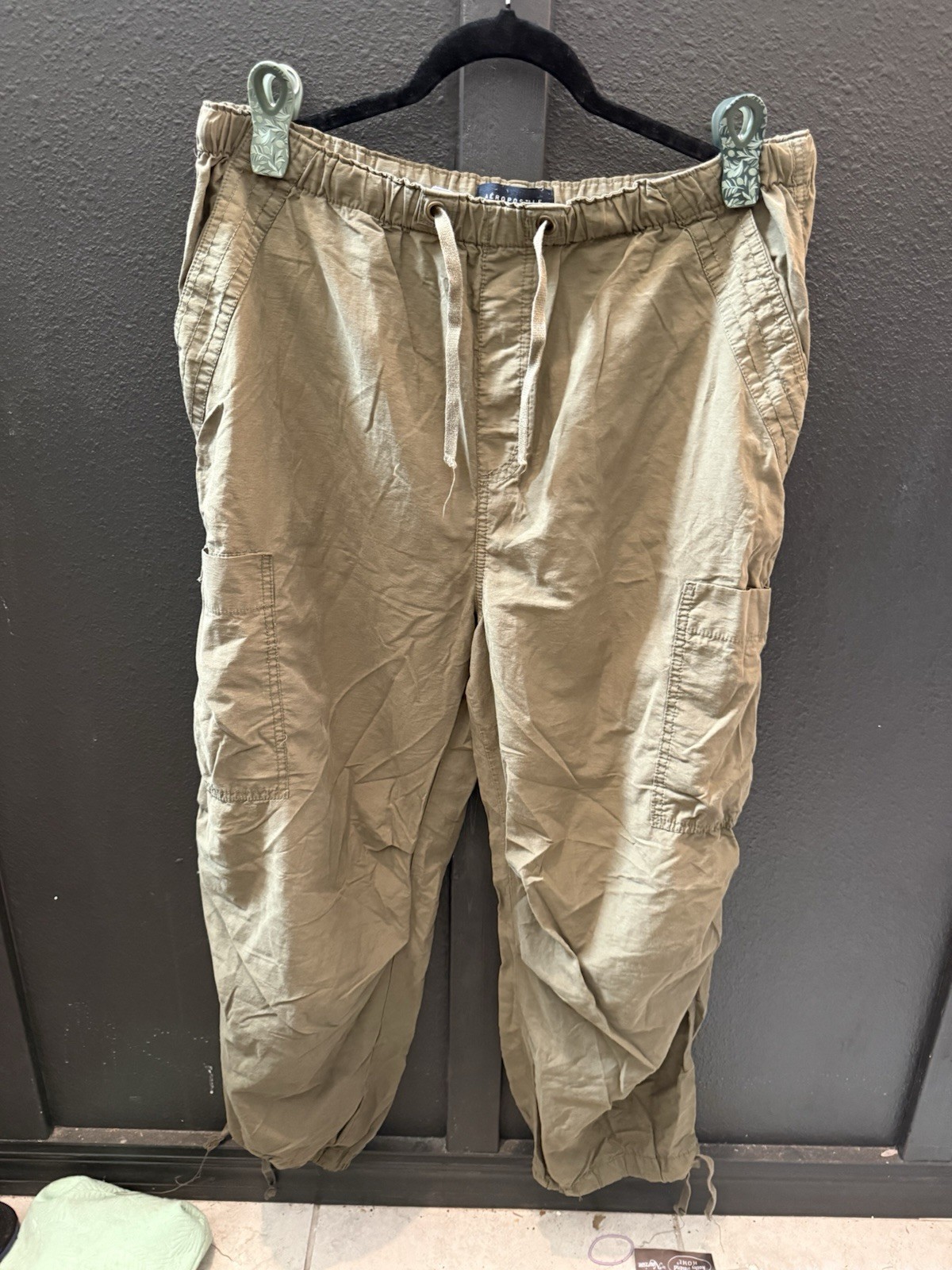Aéropostale Men’s Cargo Pants L Green Solid Cotton Drawstring Cargo Pockets