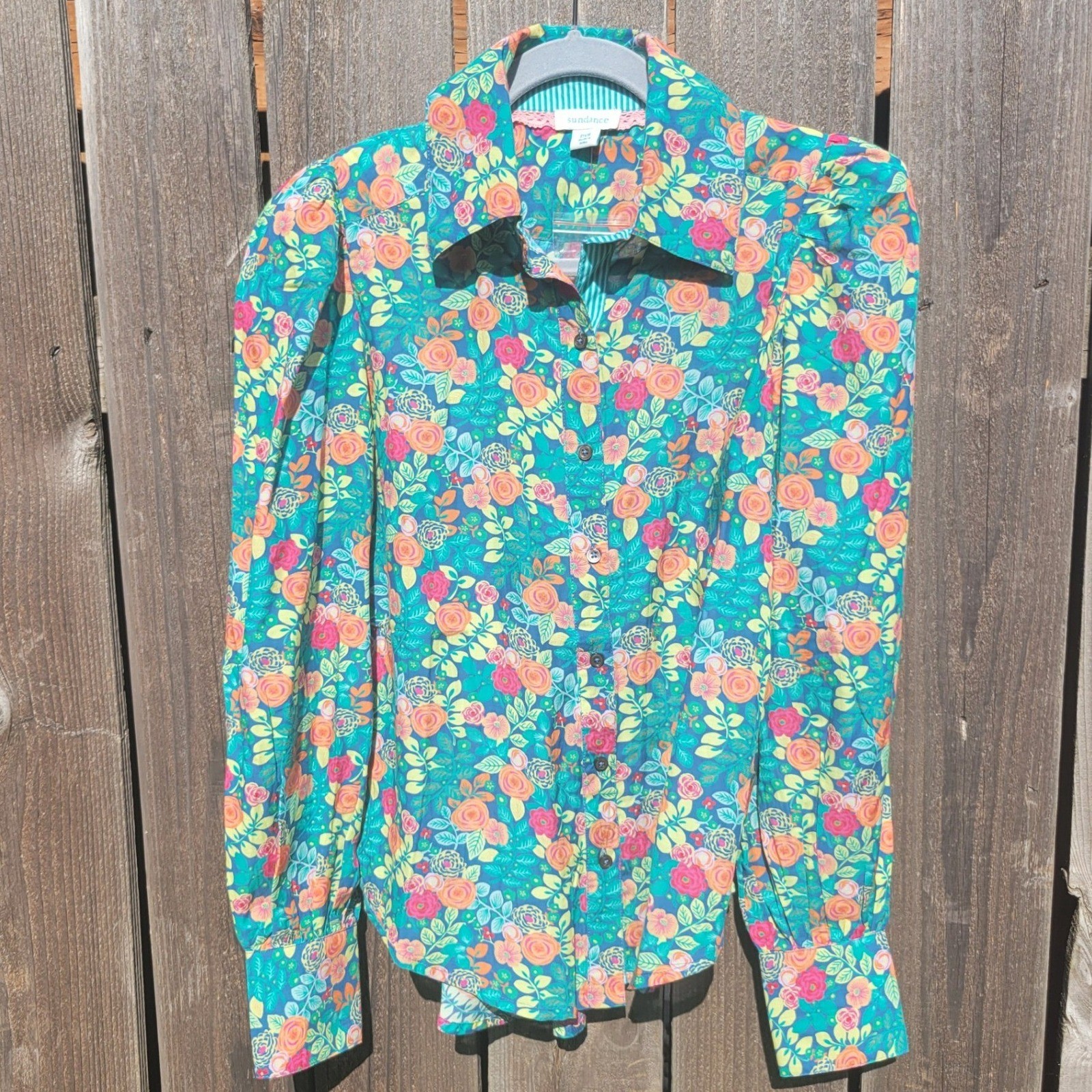 Sundance Rosie Vine Floral Long Puff Sleeve Button Up Blouse PXS Blue Green Boho