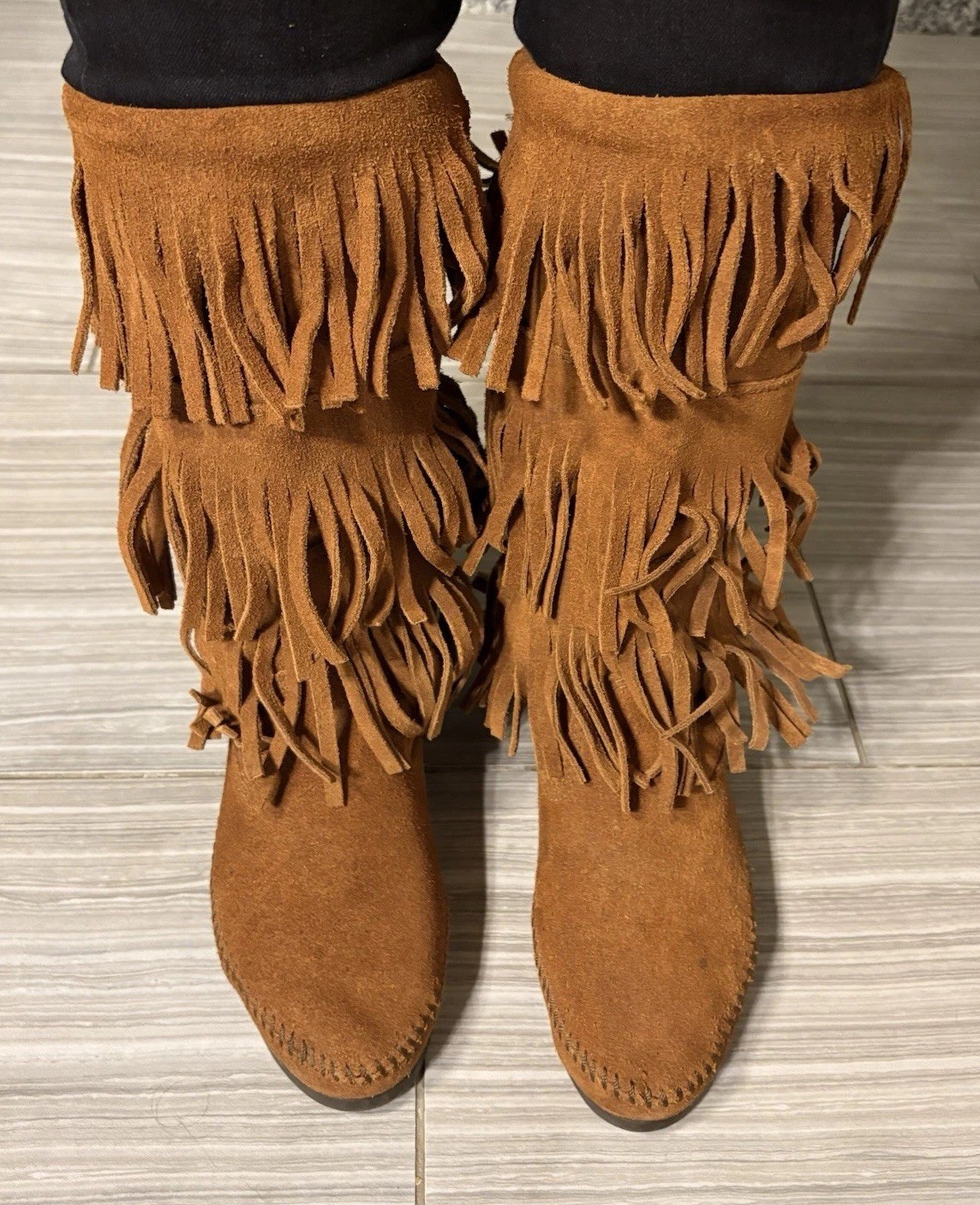 Minnetonka 1632 Women’s Brown Suede Fringe Mid-Calf Pull-On Boots US 7 M