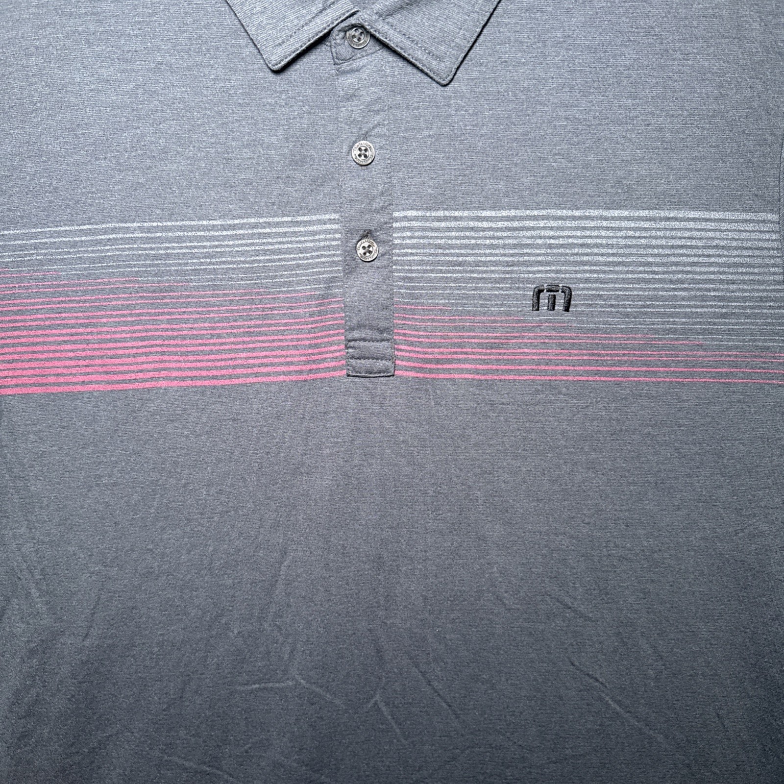 Travis Mathew Polo Shirt Men’s Large Gray Striped Gray & Red With Black Logo