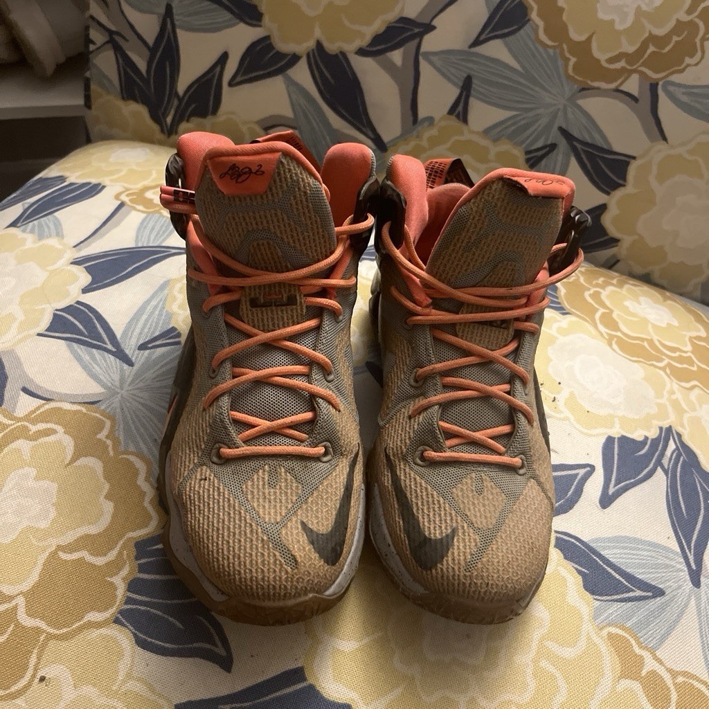 Nike LeBron 12 Mid Top Lace Up Athletic Sneakers Beige Orange Black Unisex