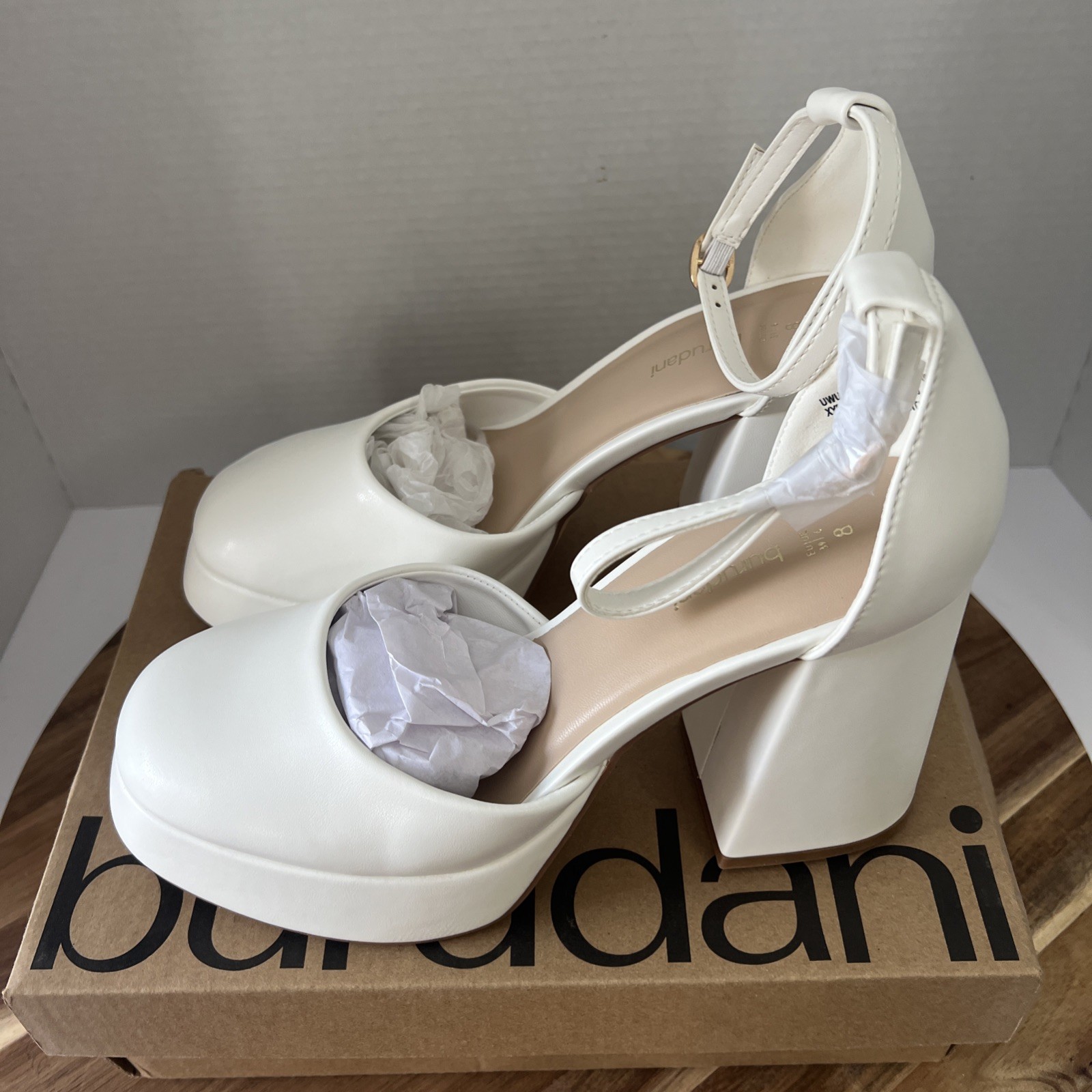 Burudani High Heels Chunky Block Platform Heels Ankle Strap Size US 8 White