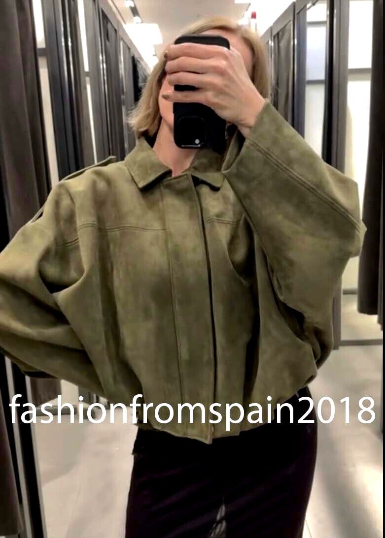 ZARA NEW WOMAN FAUX SUEDE BOMBER JACKET MID-KHAKI GREEN S,M,L 4344/155/533