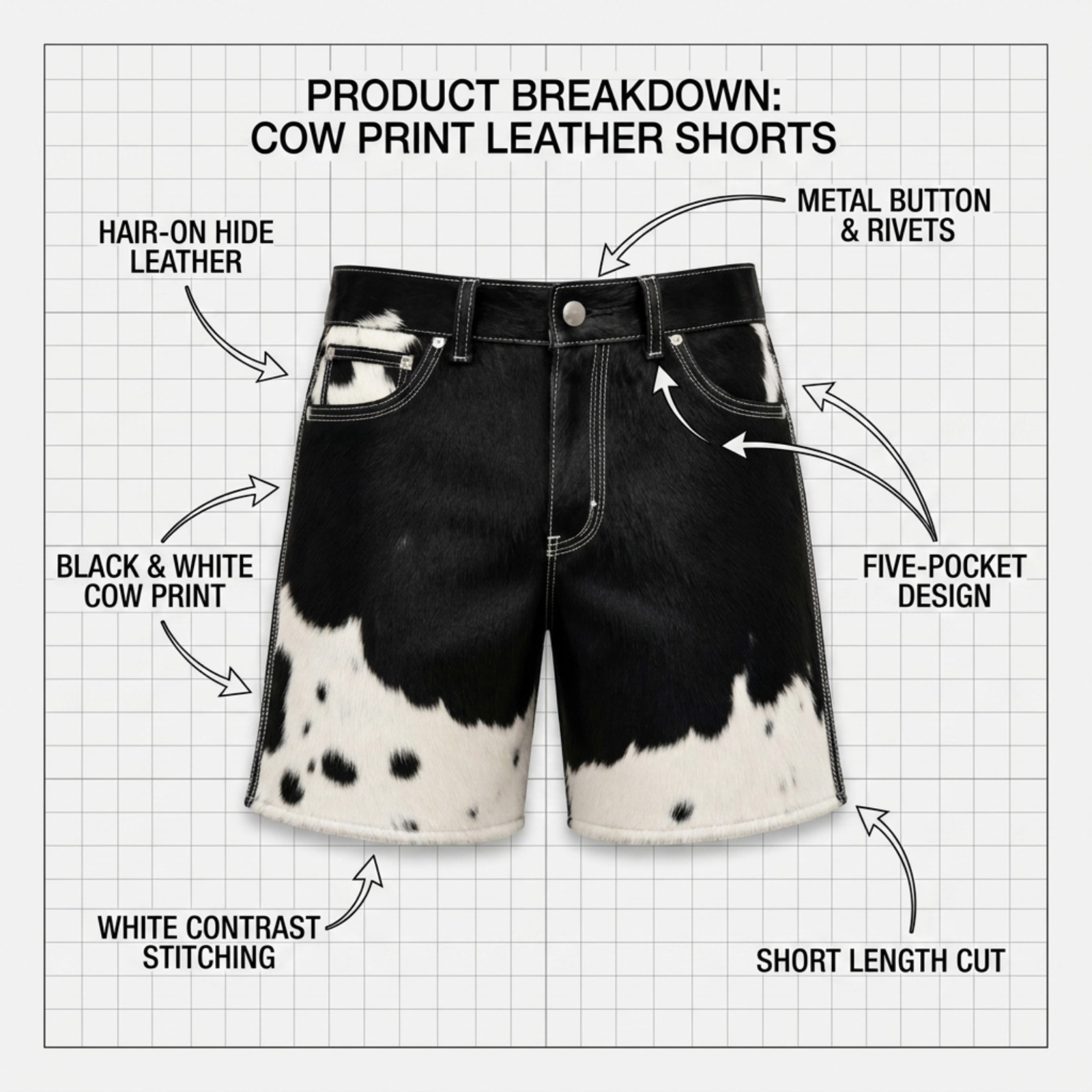 Men’s Natural Cowhide Hair On Leather Shorts Black White Western Rodeo Pants
