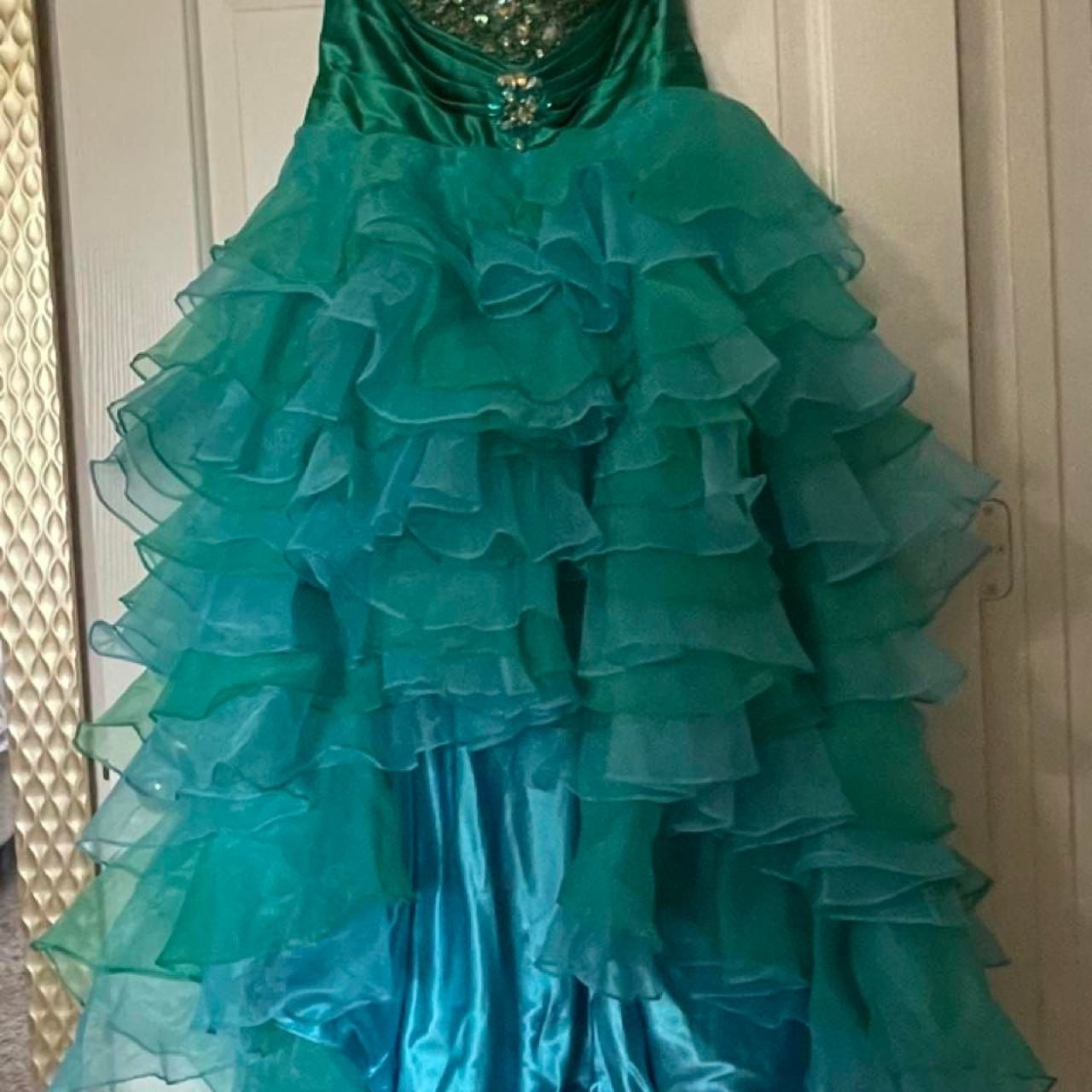 Emerald and Teal Ombre Ruffled Ballgown Prom Quinceañera Dress