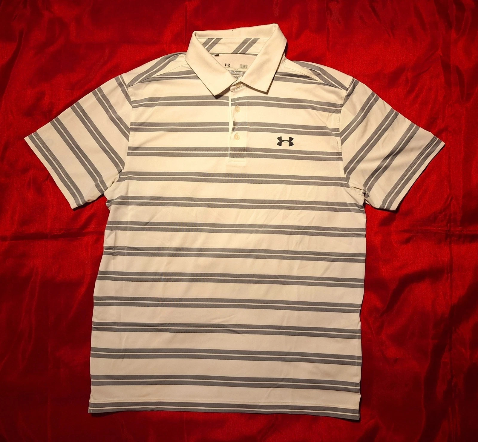 Under Armour Heat Gear Men’s Polo Golf Shirt, White Gray Striped Loose Size L
