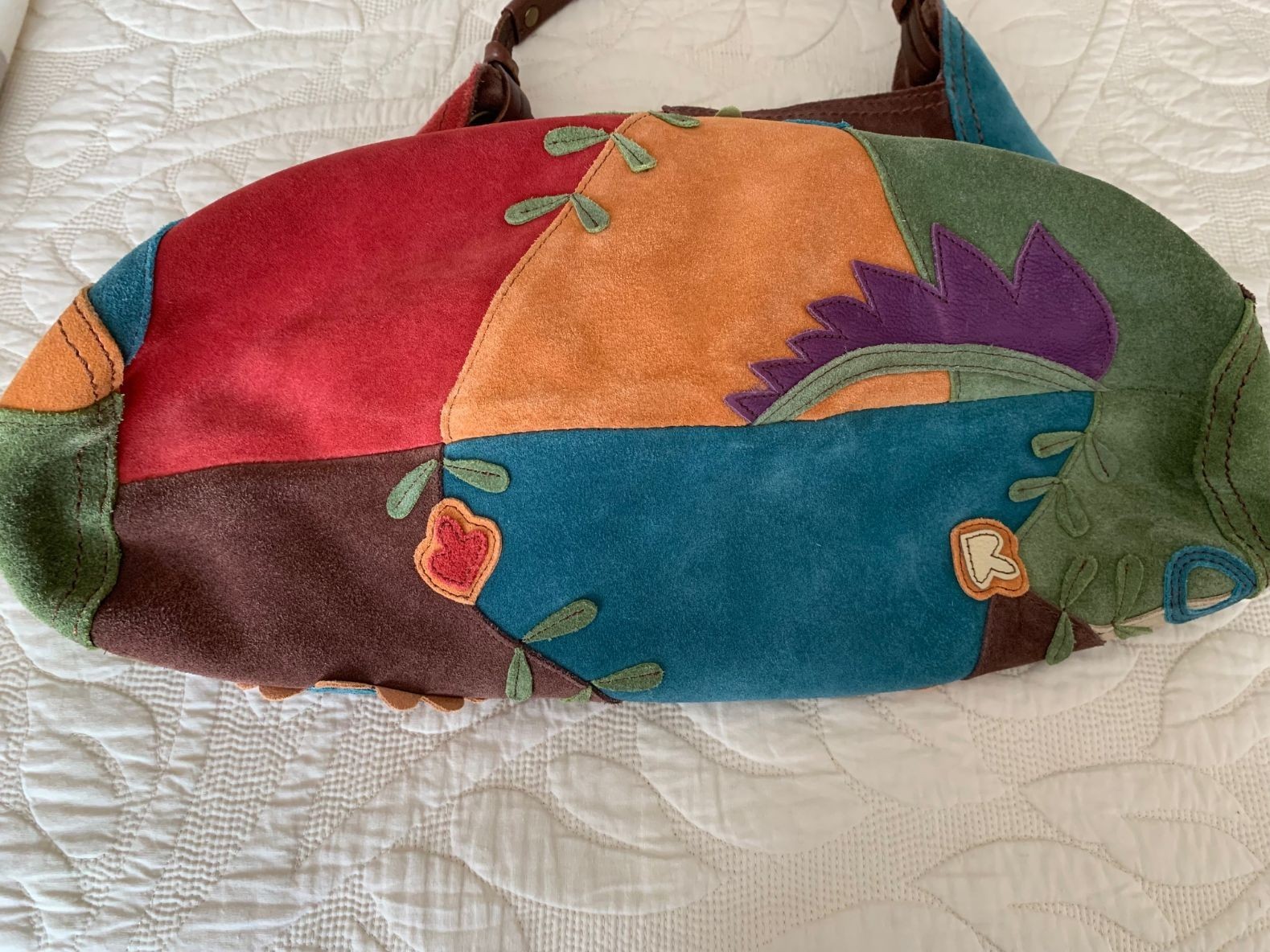 LUCKY BRAND LEATHER SUEDE BOHO SHOULDER BAG HIPPIE HANDBAG PATCH WORK FLOWERS
