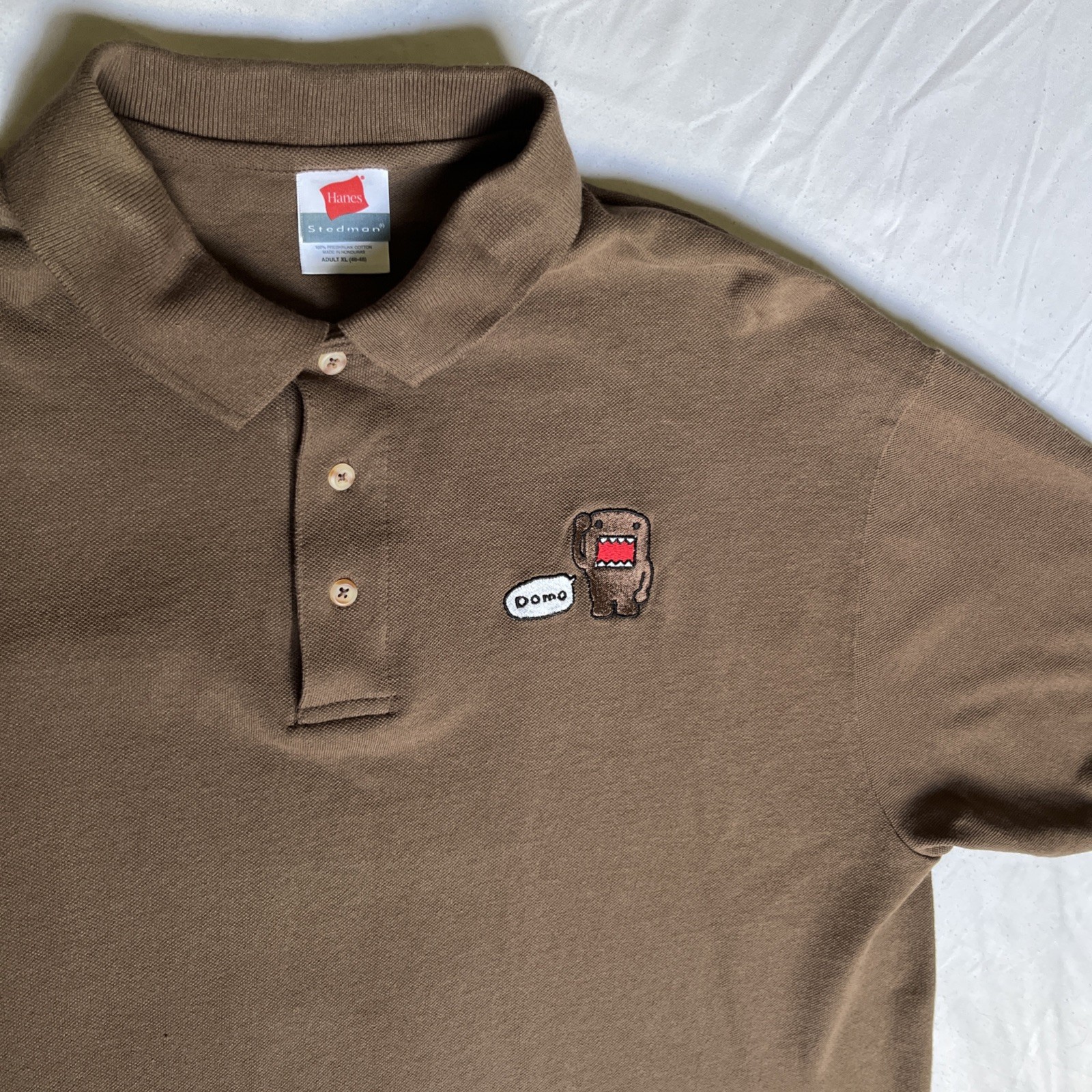 Y2K Domo Polo Shirt Men’s XL Brown Embroidered Hanes Steadman Preppy
