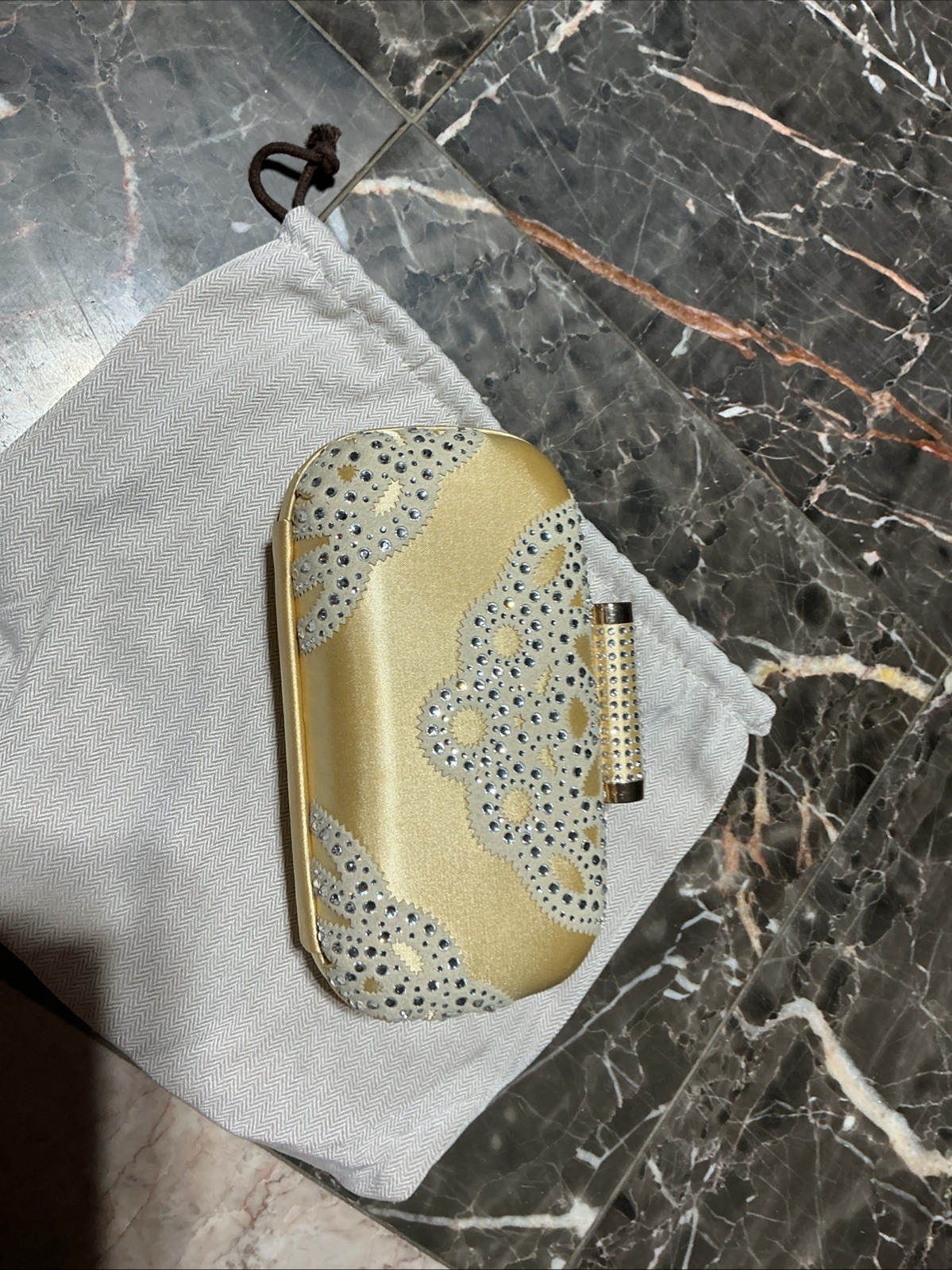 Badgley Mischka Golden Yellow Silk Rhinestone Evening Clutch Bag