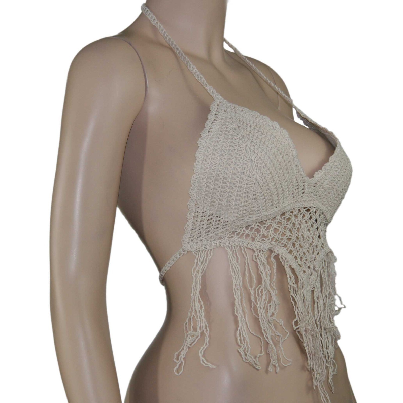 Peach Love California Crocheted Cropped Halter Top V-neck Lined Fringe
