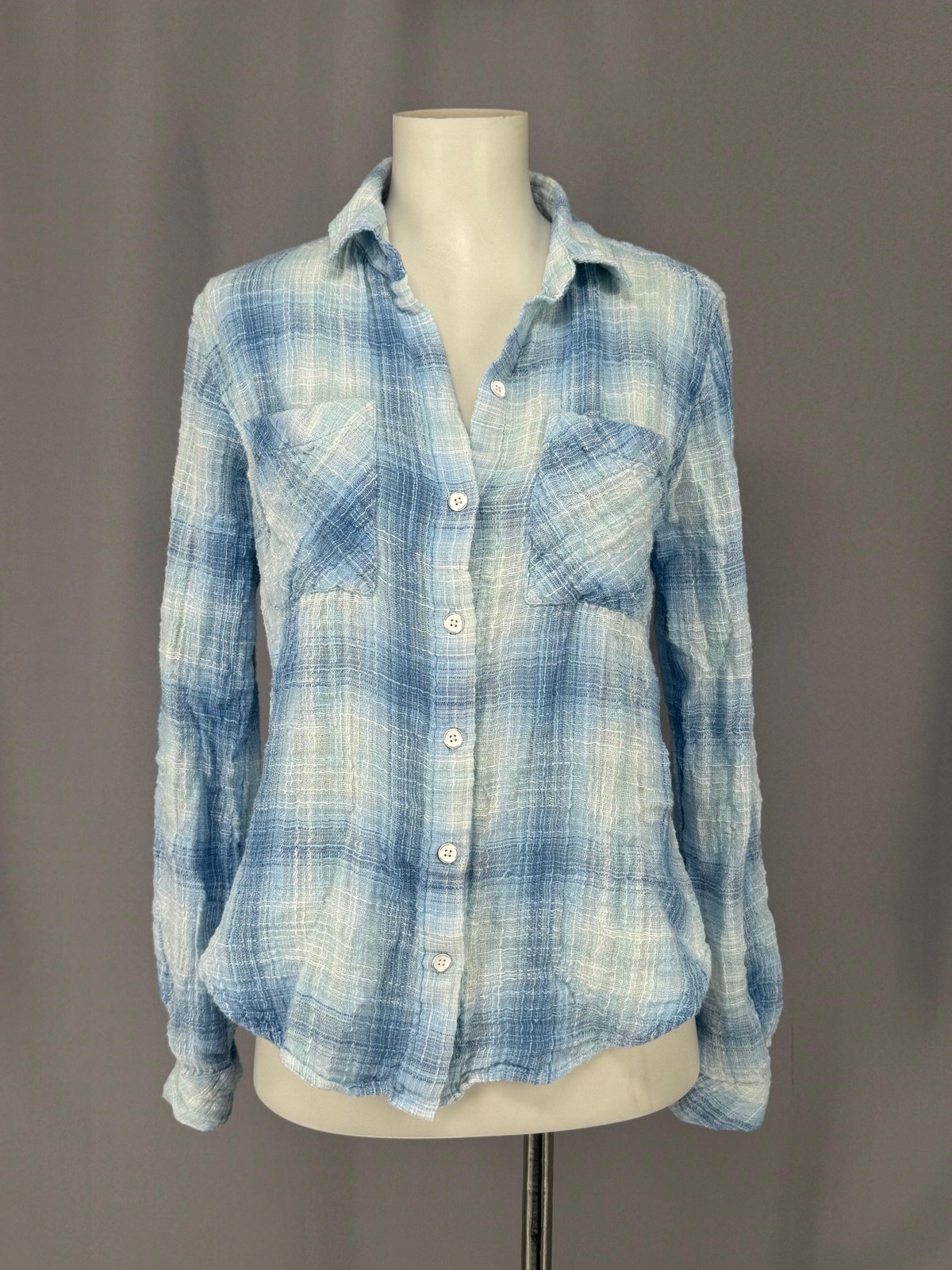 Bella Dahl Shirt Womens XS Blue Cotton Rayon Plaid Button Front Top Lightweight
