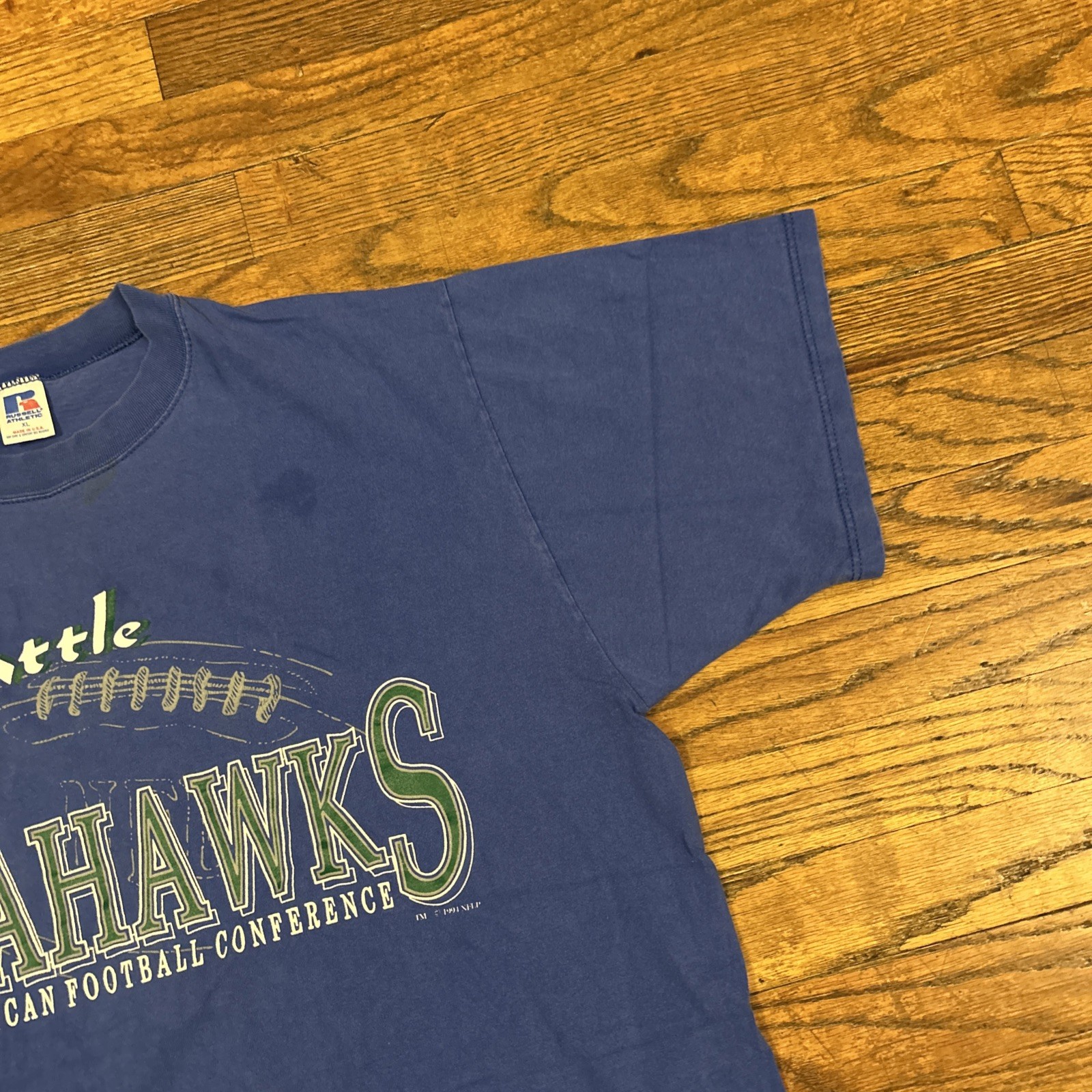 Vintage 90s Russell Athletic Blue Seattle Seahawks T Shirt Size XL USA
