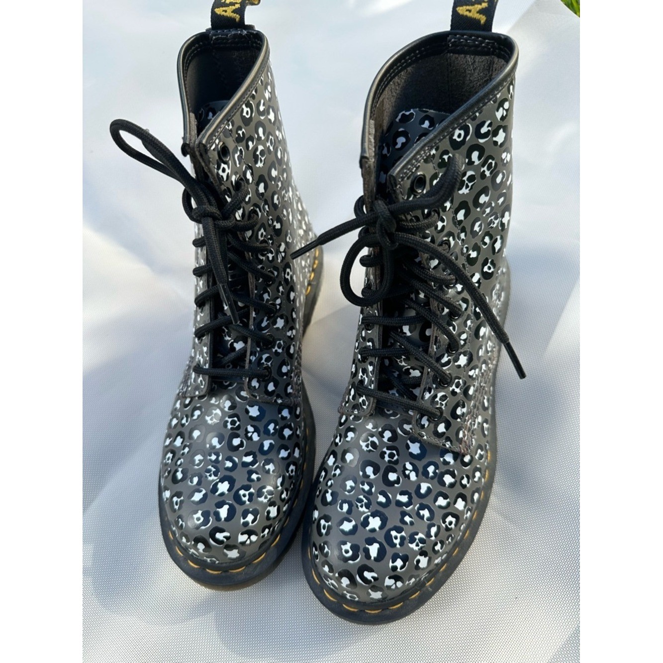 Dr. Martens Black & White Gunmetal 1460 loud leopard leather lace up boot women