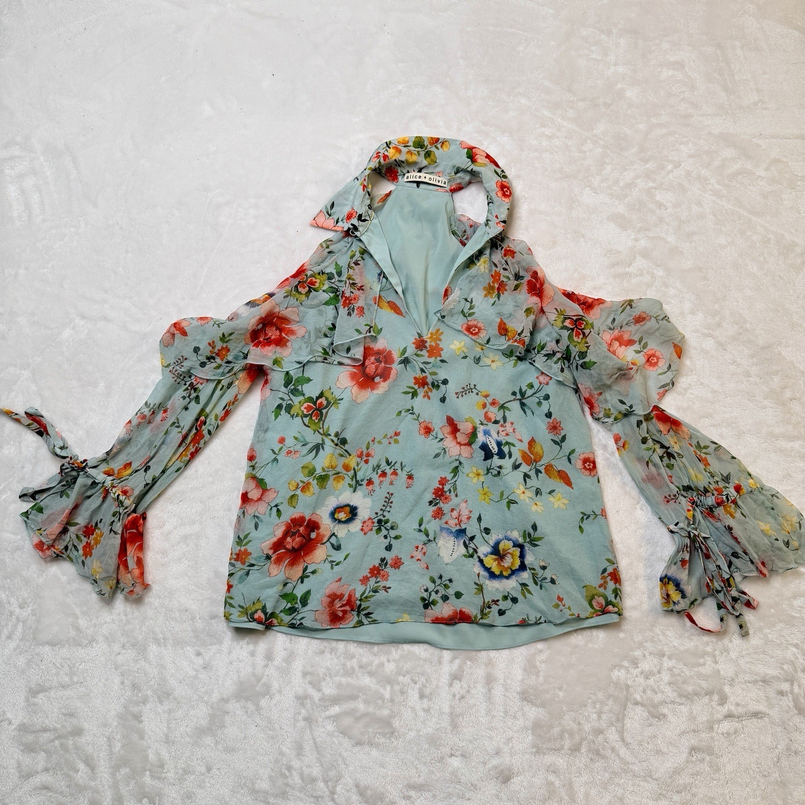 Alice + Olivia Blayne Floral Print Cold-shoulder Silk Top blouse,NWT