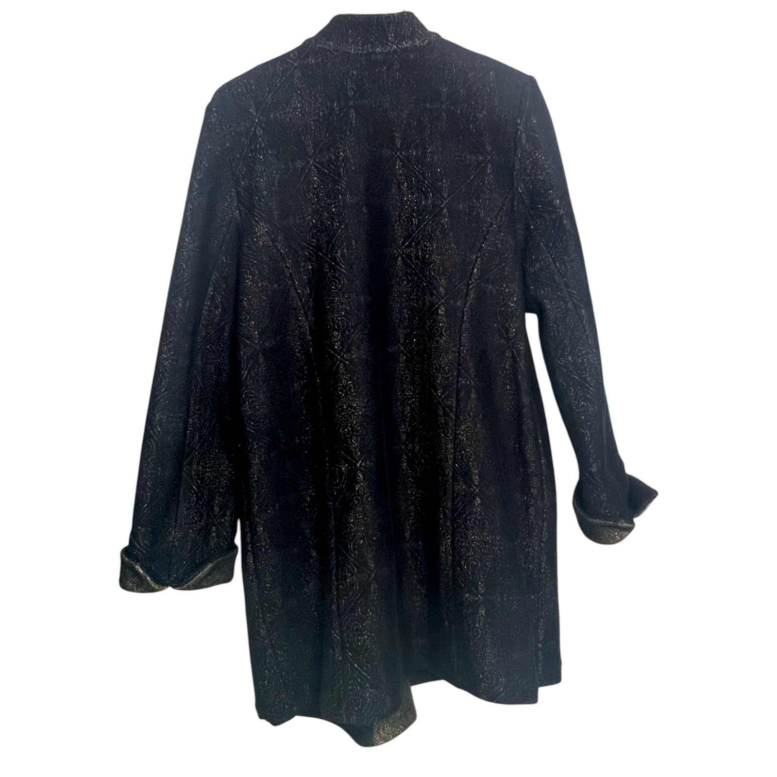 Chico’s Women’s Size 3-XL Open Front Longline Duster Jacket Black Gold Metallic