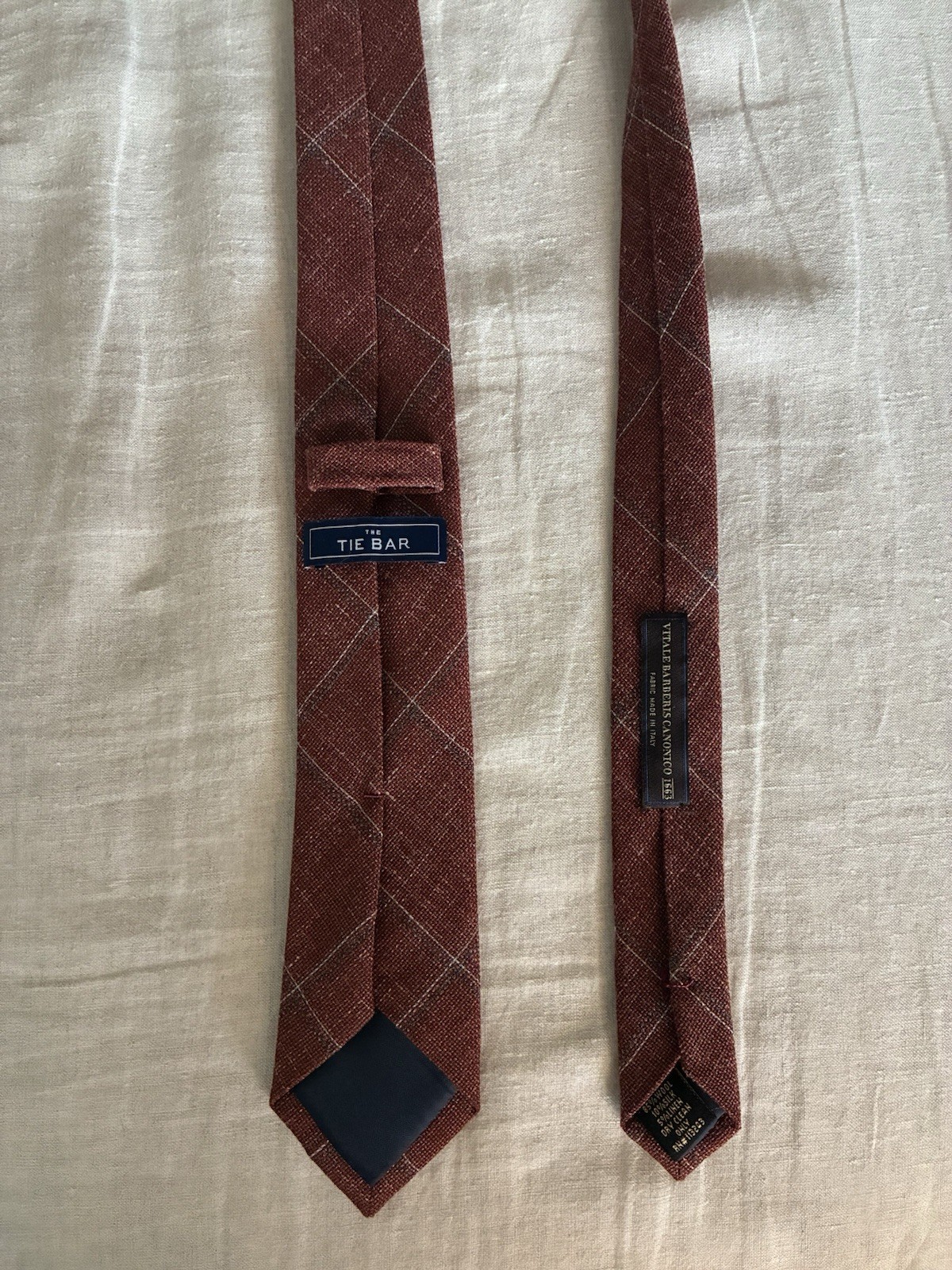 The Tie Bar Rust Windowpane Hopsack Wool Silk Linen Slim Tie Vitale Barberis VBC