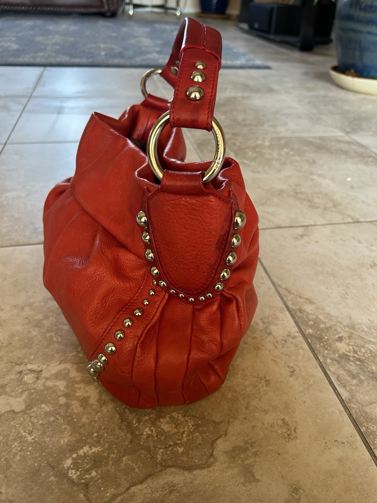 B. Makowsky Red Pebbled Studded Large Hobo Crescent Bag Detachable Strap
