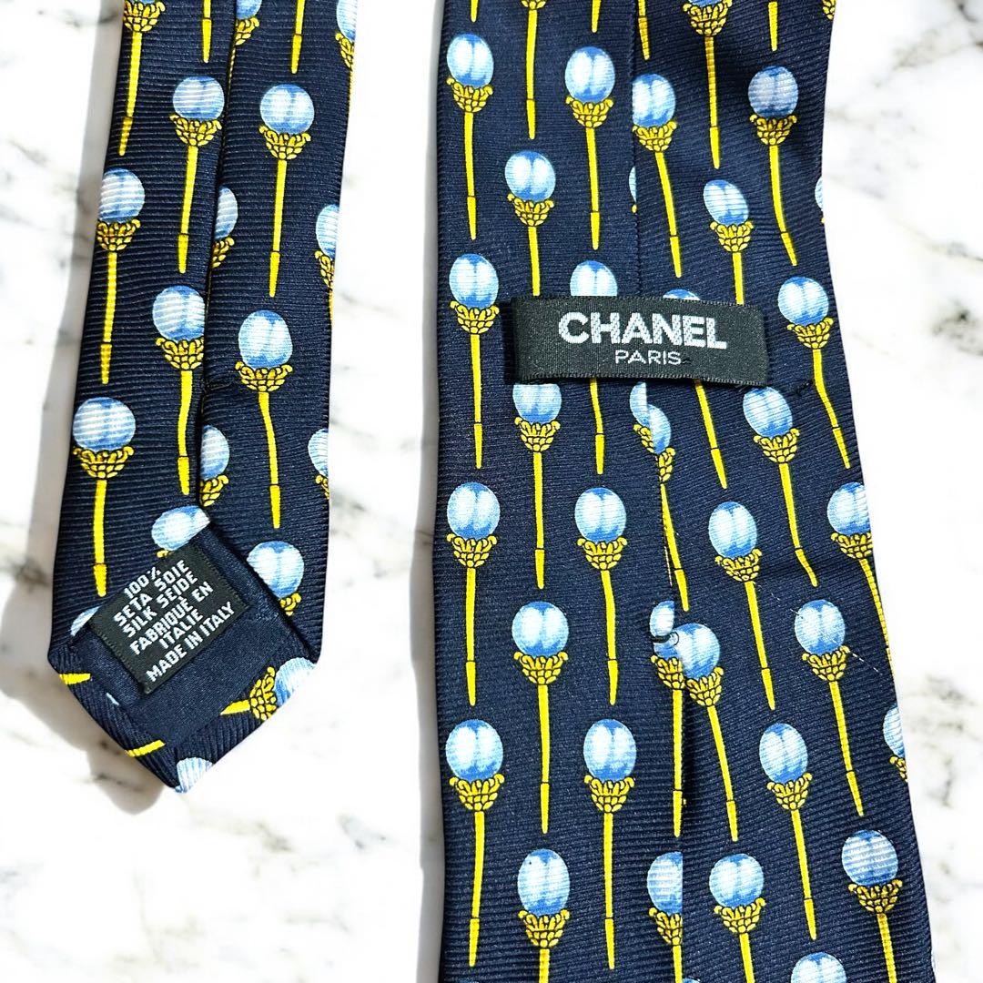 CHANEL Logo 100% silk COCO Tie Men Navy Yellow Genuine Excellent condition
