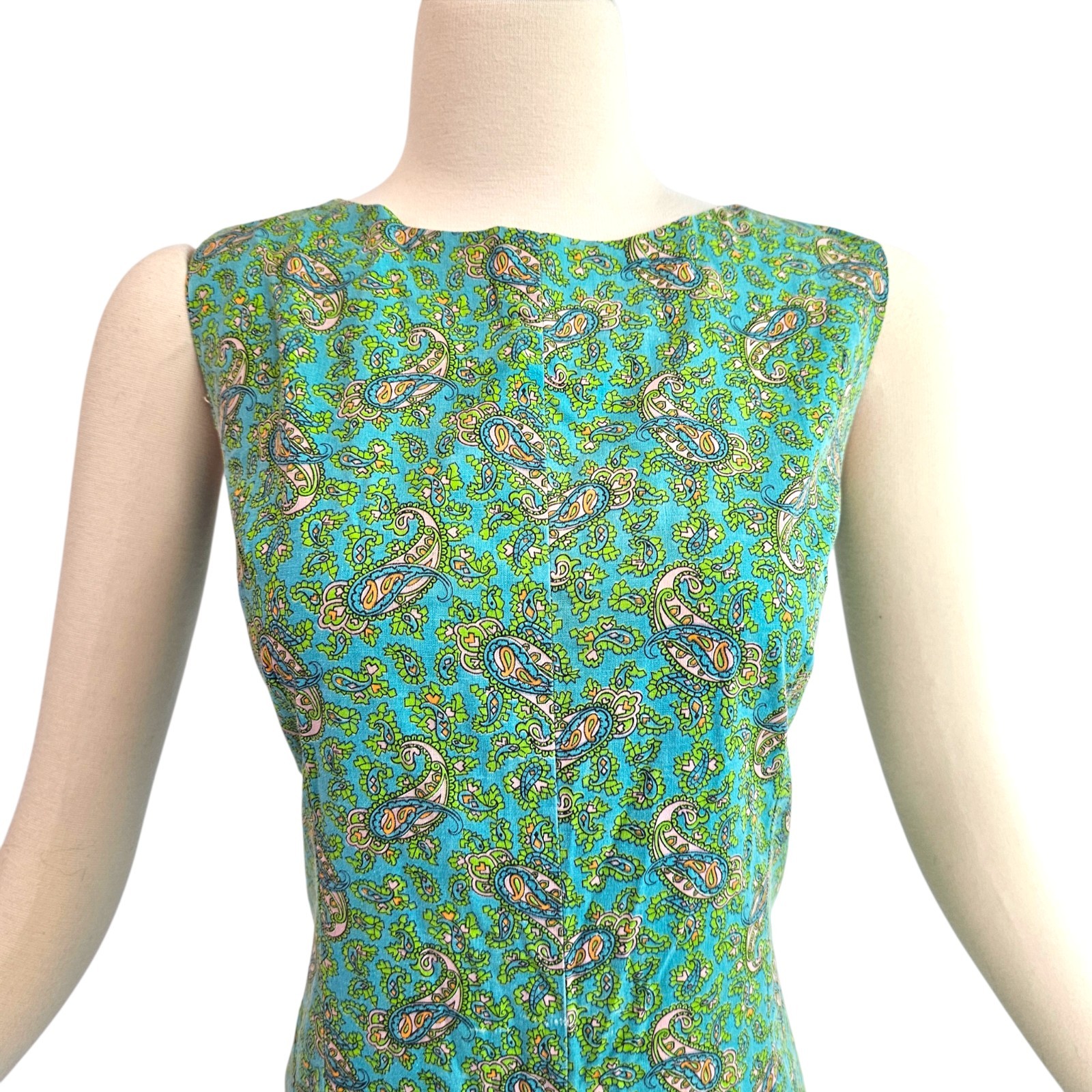 Vintage 1960’s Dress Housedress Shift Blue Green Pink Paisley Sleeveless Retro