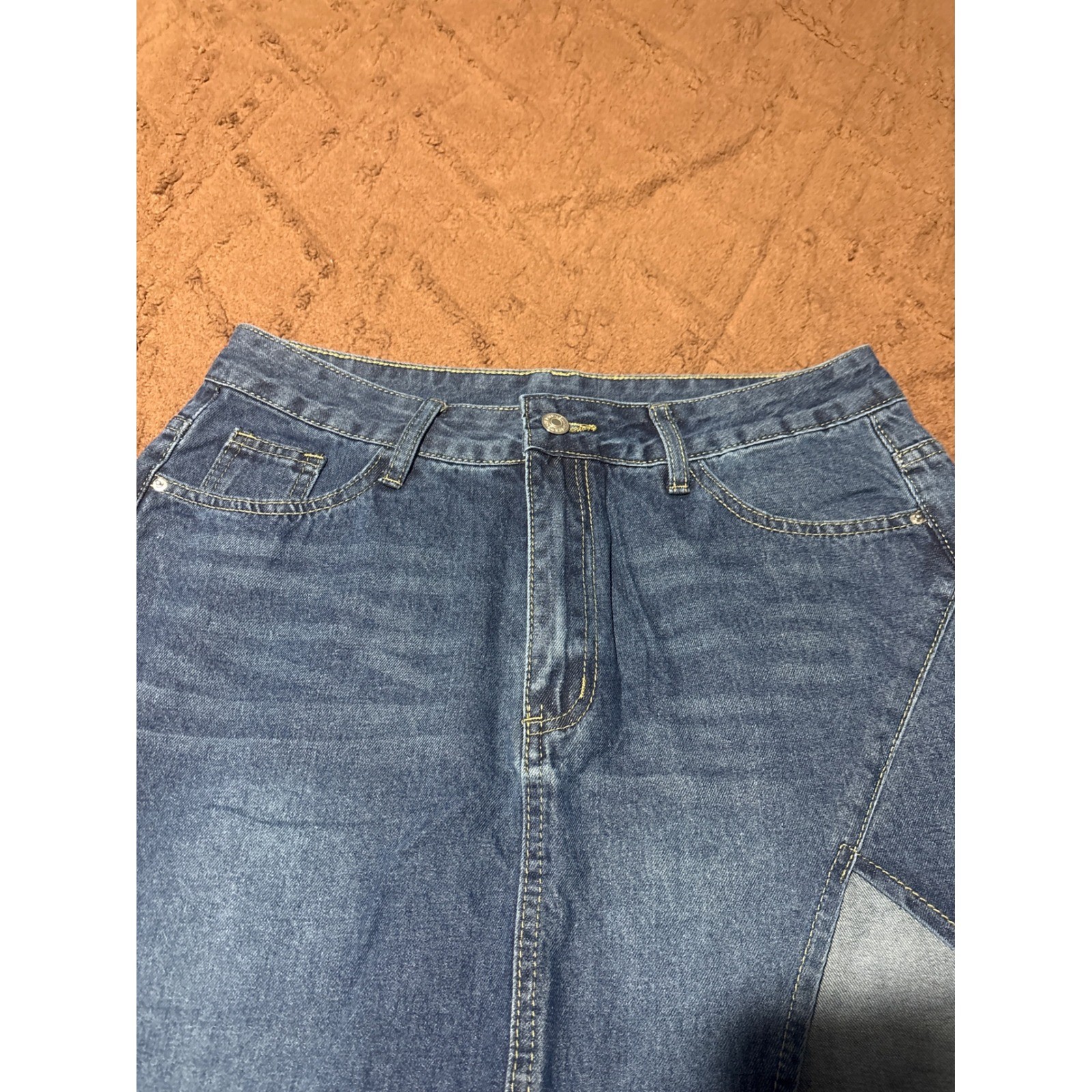 Blue Denim Maxi Skirt High Waisted Two Tone Asymmetrical Slit Long Jean Skirt