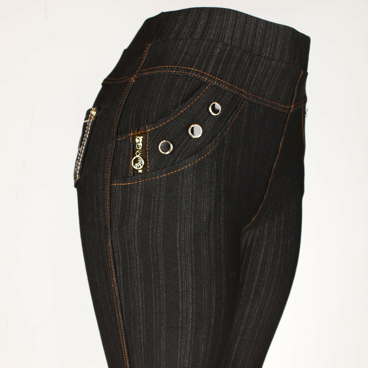 Women’s Stretch Jeggings, Denim Look Pants with Embroidered Pocket & Zipper Trim