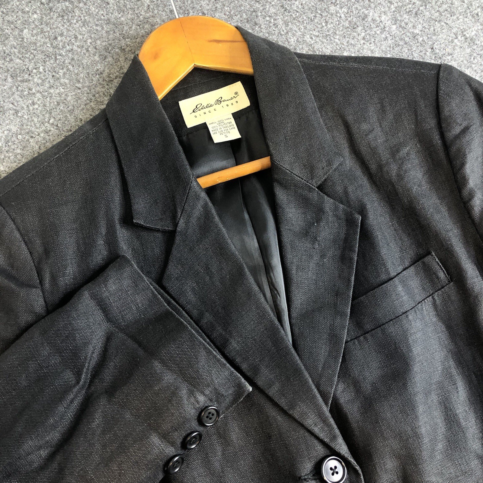 Eddie Bauer Womens Small Petite Black Jacket Blazer 100% Linen Preppy Minimalist