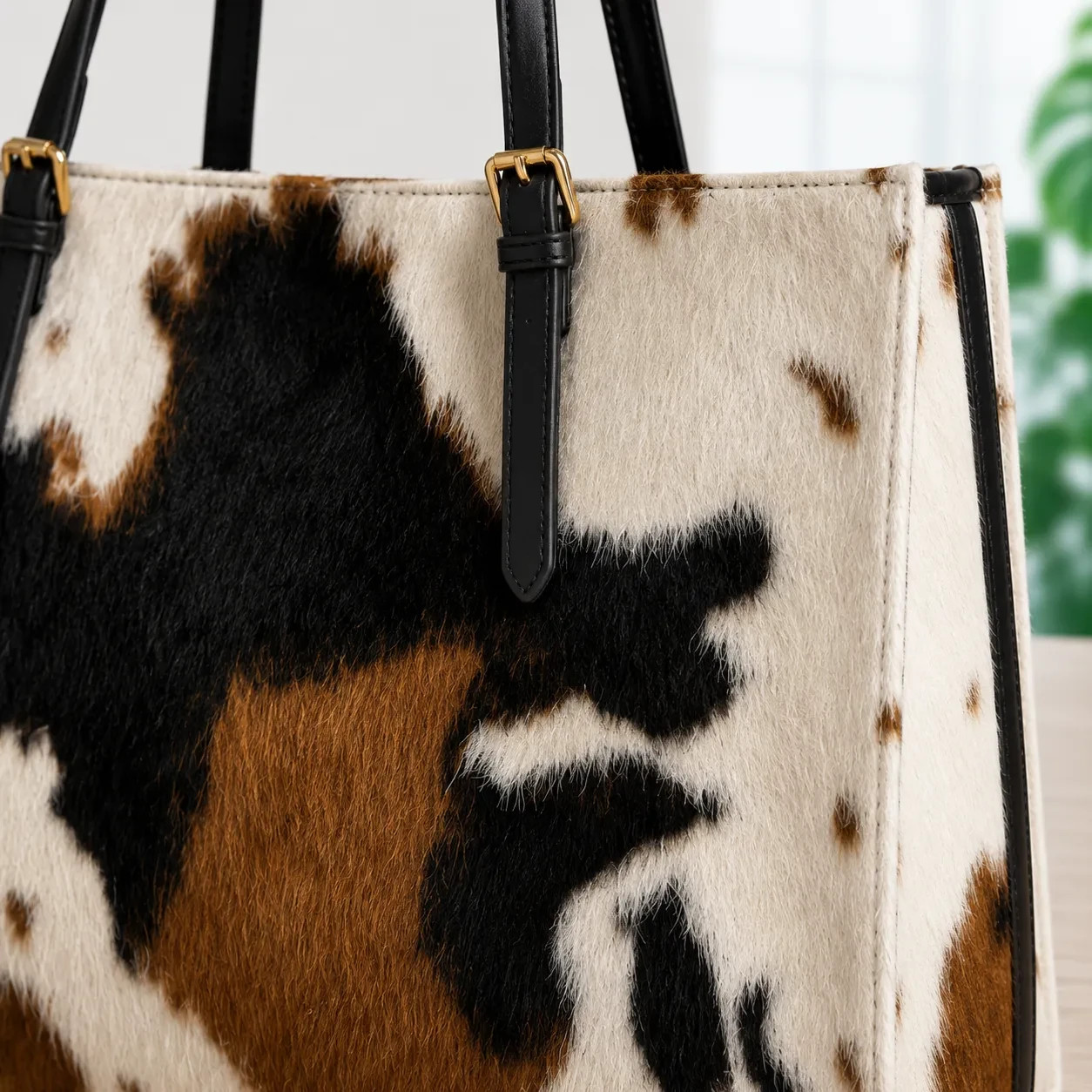 Handmade Natural Tricolor Black Brown & White Hair-On Cowhide Leather Bag