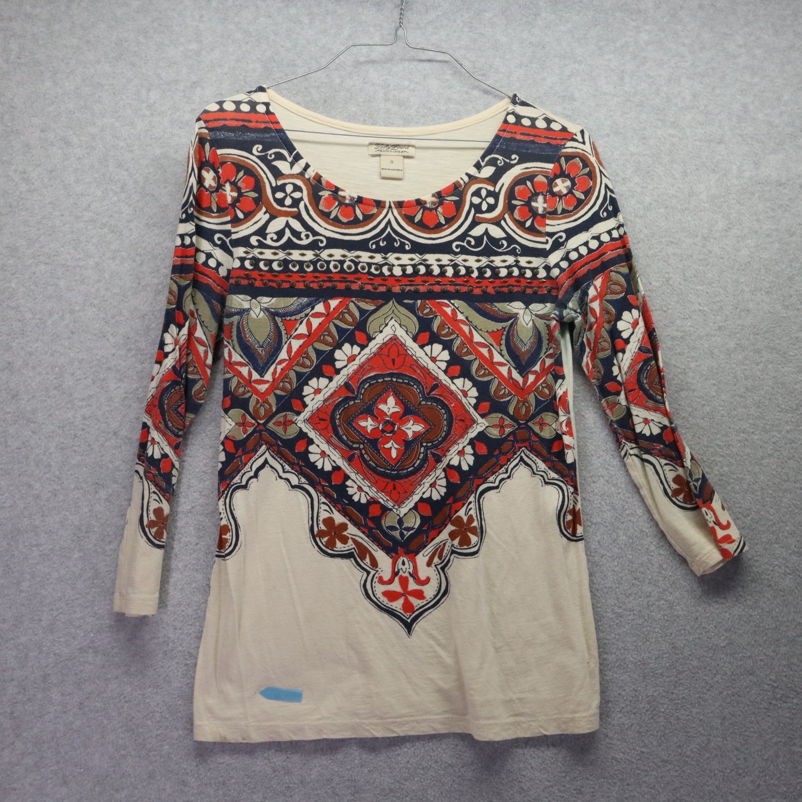 Lucky Brand Top Womens Small Boho Casual Scoop Neck Ivory Floral 3/4 Sleeve
