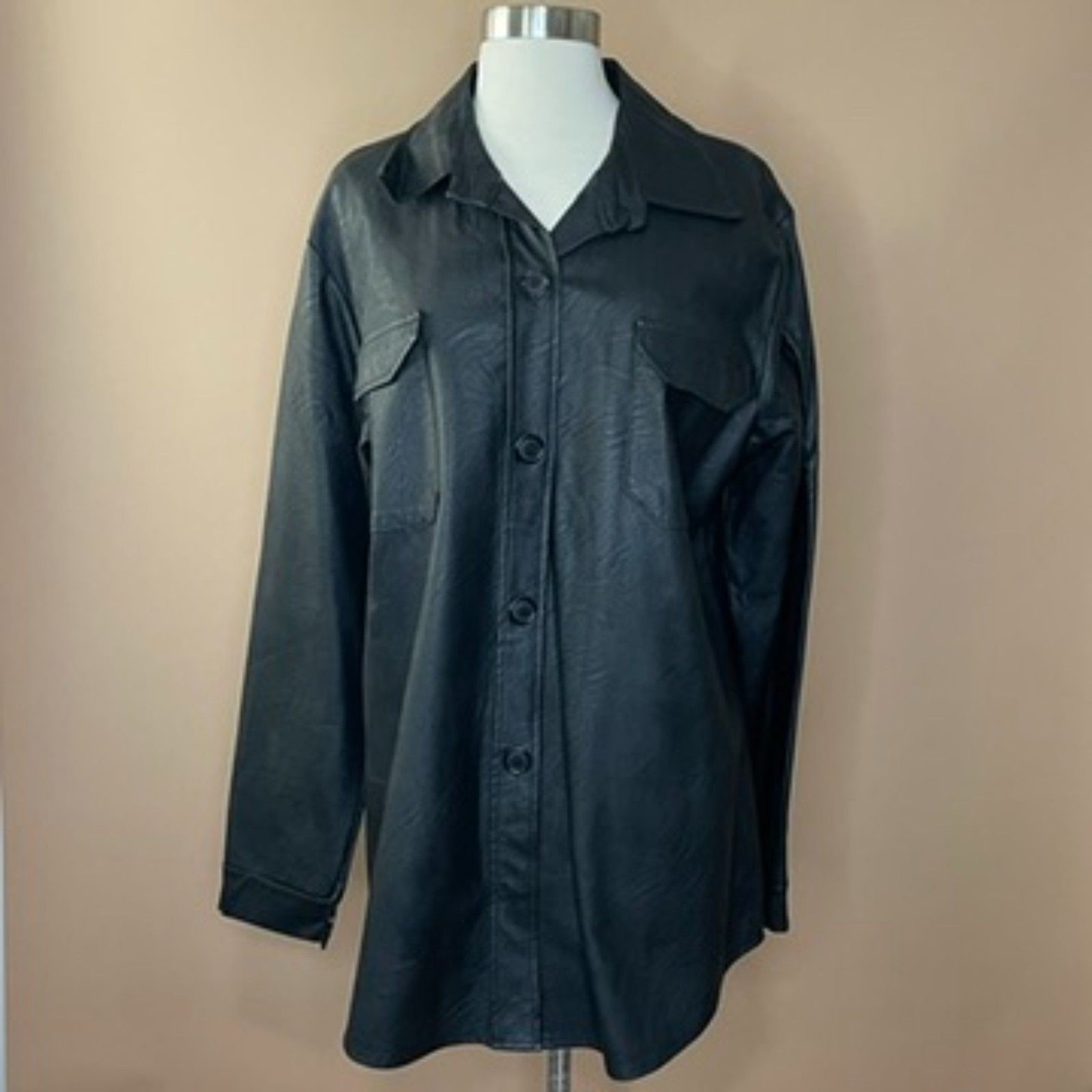 Boohoo Black Faux Leather Oversized Shacket Button Jacket Womens XXL