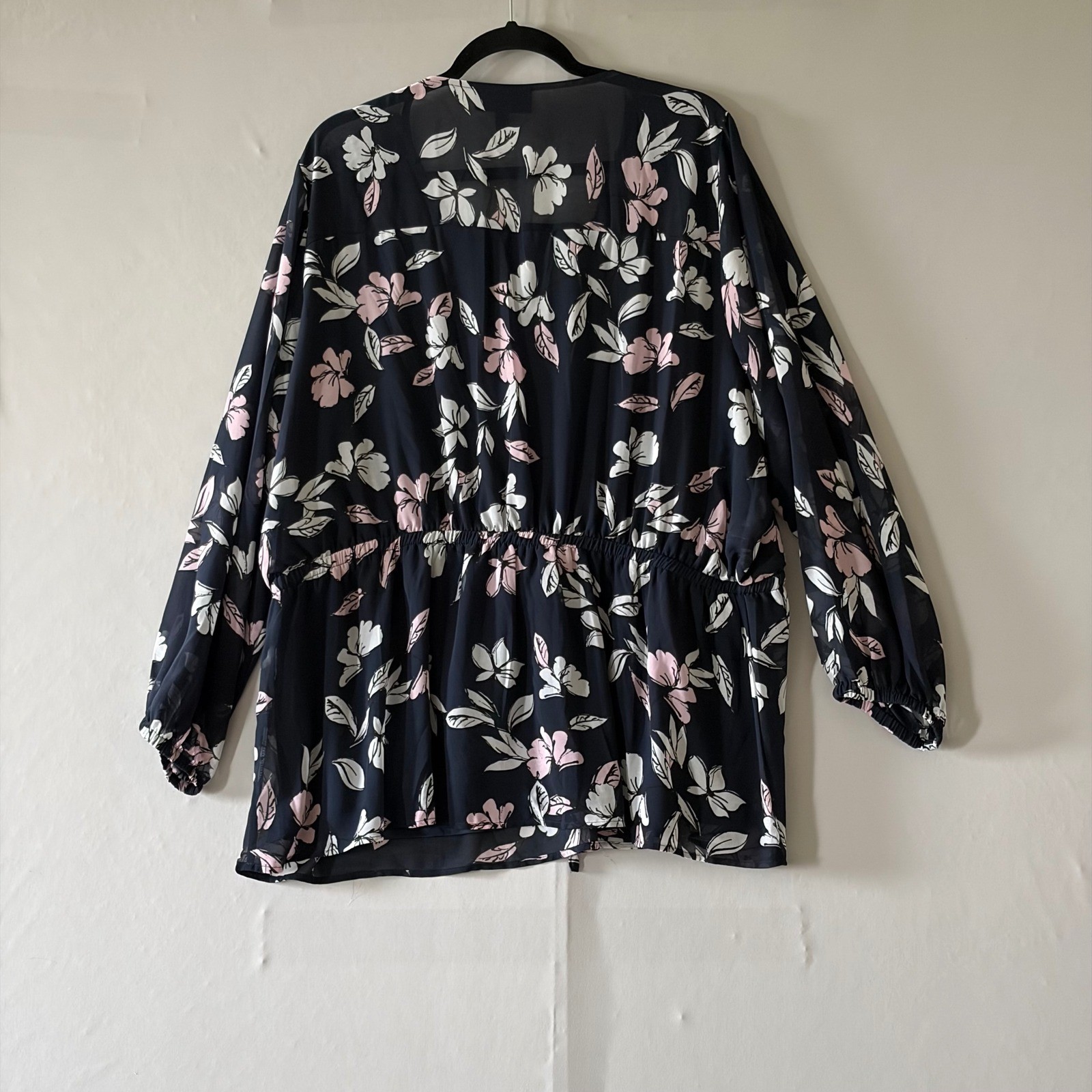 Lane Bryant 22 Navy Blue Pink Floral Chiffon Button Drawstring Waist Blouse