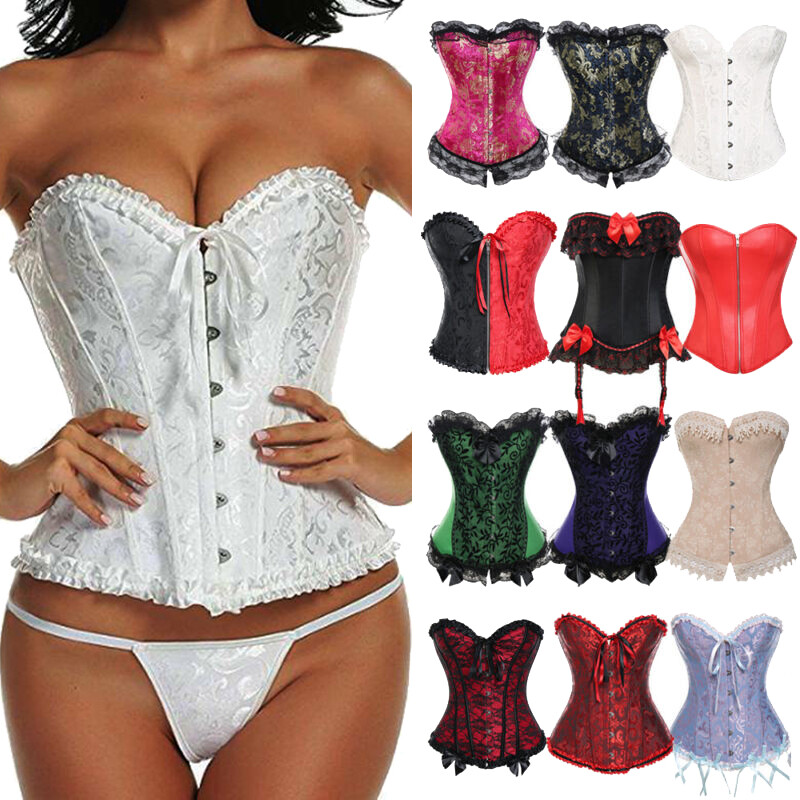 Women Lace Up Sexy Bustier Corset Overbust Burlesque Tops Lingerie Waist Cincher
