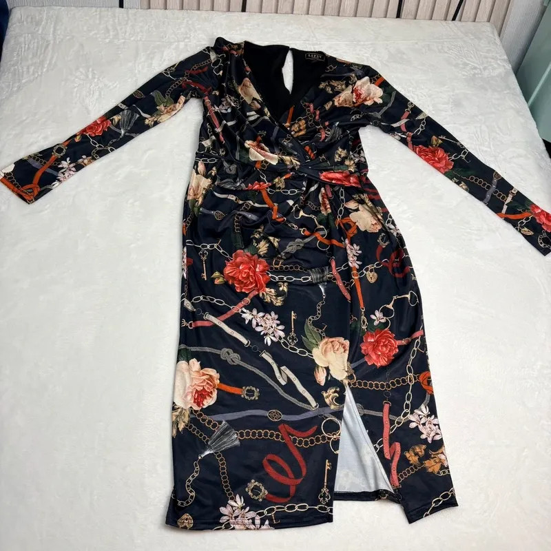 Lipsy London Chain Floral Wrap Midi Dress UK 12 Long Sleeve Occasion