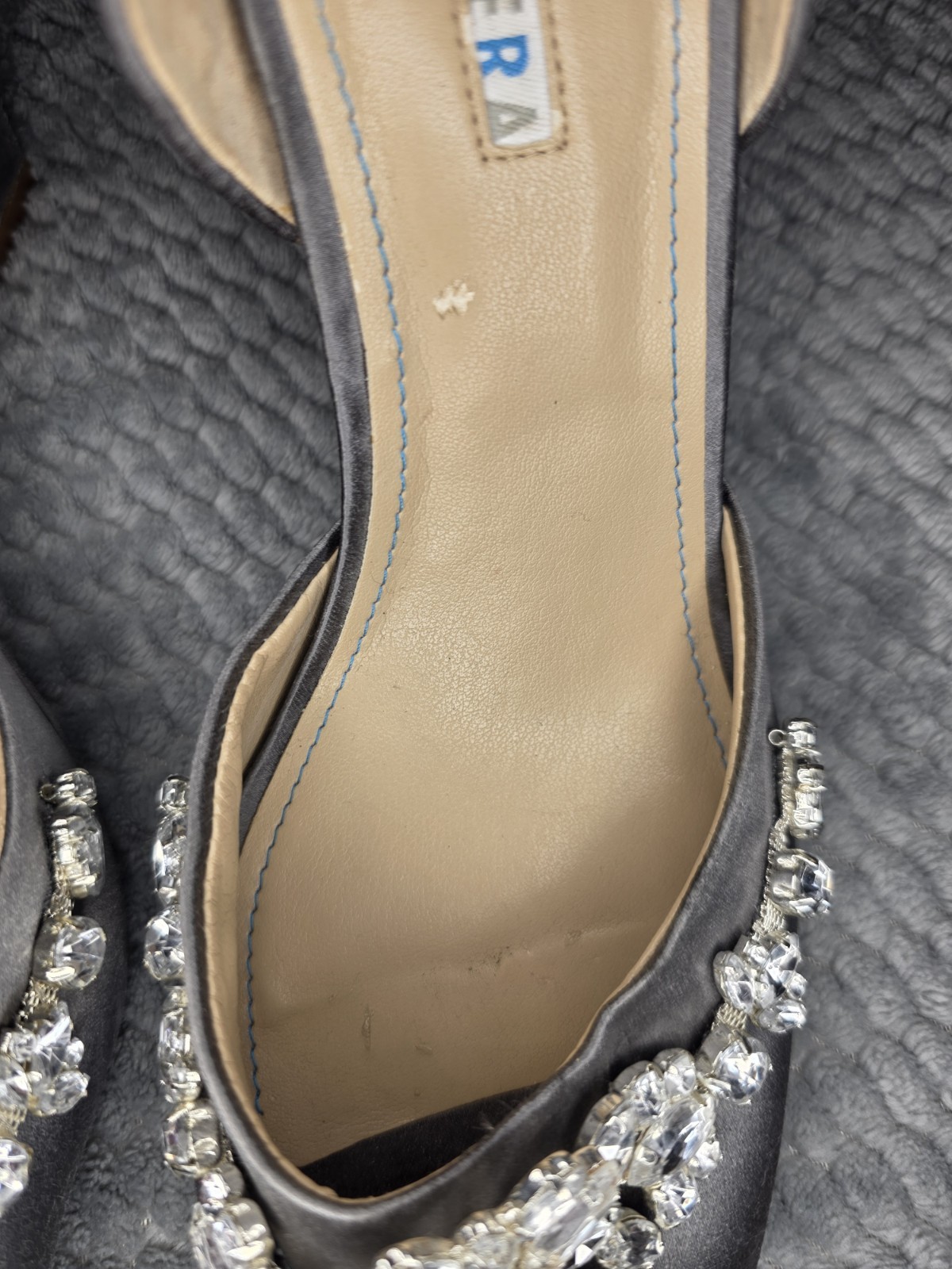 David Tutera Women’s Gray Satin Open Toe Wedge Heels with Rhinestone Accents