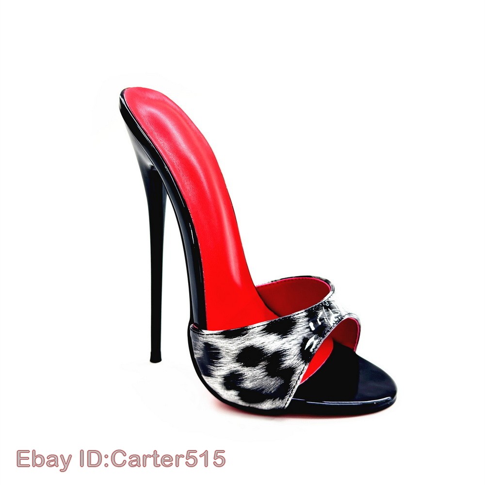 16/14cm High Heeled Slippers Leopard Patent Leather Slides Fetish Cross-Dressing