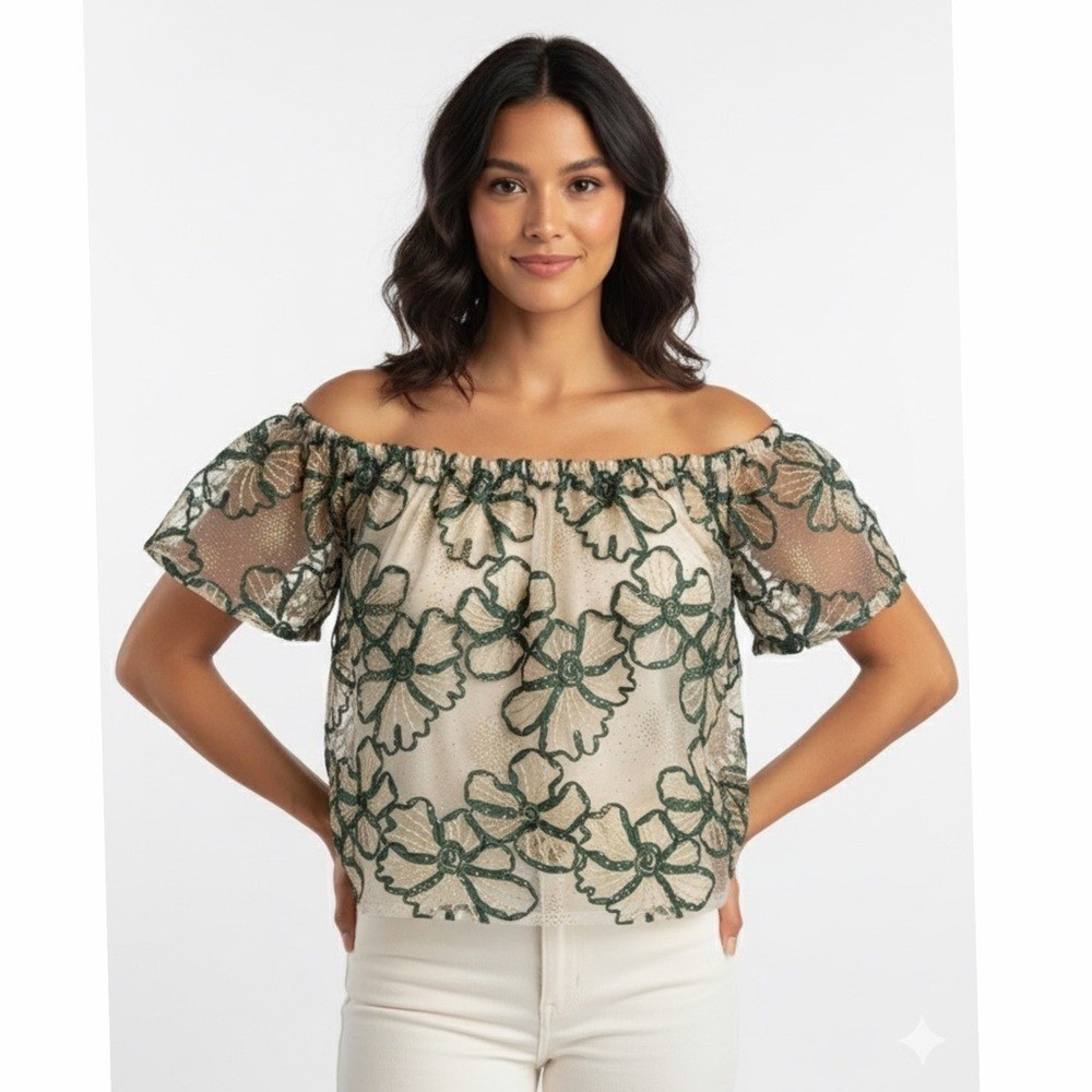 Hesperus Premium Green Floral Lace Overlay Top Women’s Size L Sheer Blouse