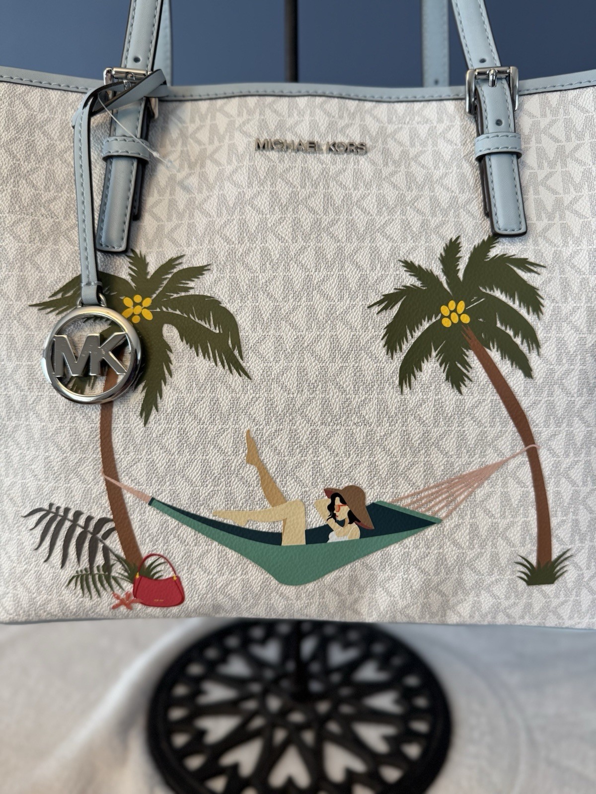 Michael Kors Jet Set Monogram Tote Carryall White/Blue, Silver Hardware Charm
